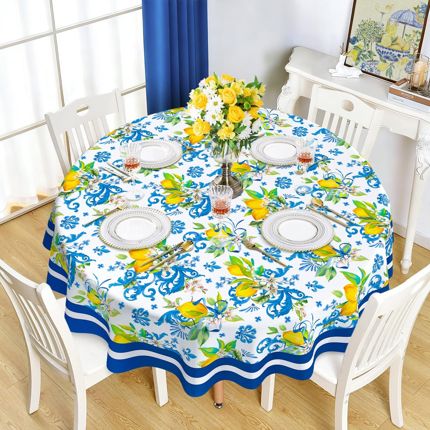 Maytycroo Spring Summer Lemon Table Cloth 60x60 Inch Waterproof Washable Lemon Round Tablecloth Spring Summer Table Decor for Dining Holiday Party