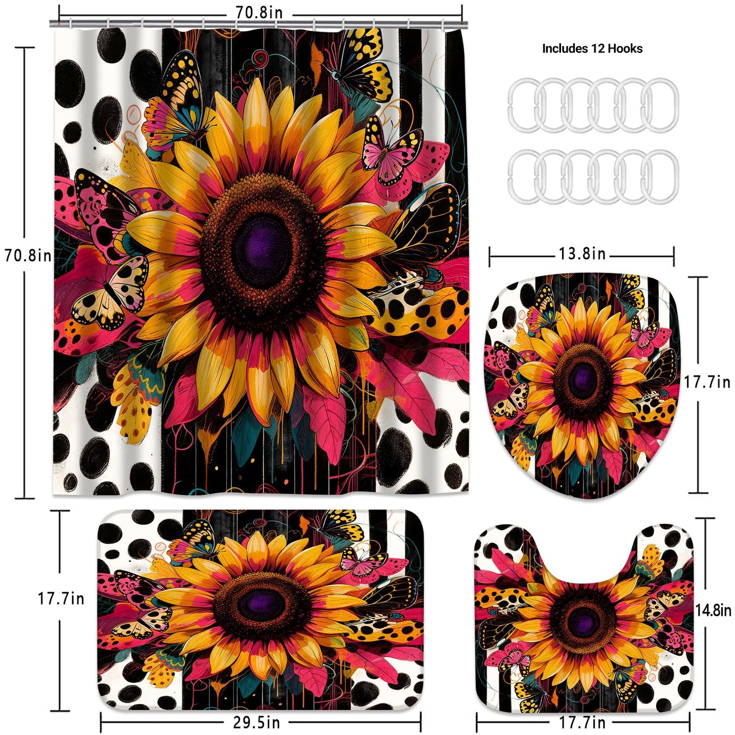 AZHM Shower Curtain Sets with Rugs 4 Piece Sunflower Bathroom Sets Decor Accessories Include Non-Slip Rug Toilet Lid Cover Bath Mat and 12 Hooks
