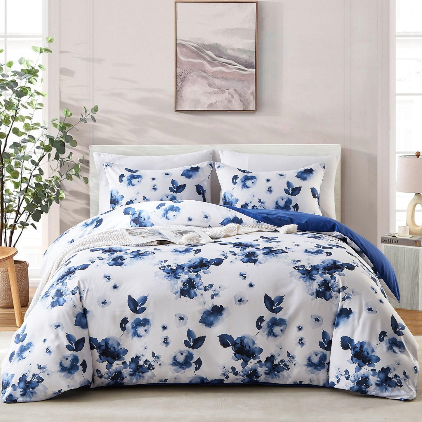 Cupocupa Queen Duvet Cover Set - 3pc Blue Floral Art Deco Bedding - Soft Botanical Print Polyester Duvet Cover with 2 Pillowcases - All Season Reversible Comforter Cover (Queen, Blue Floral)