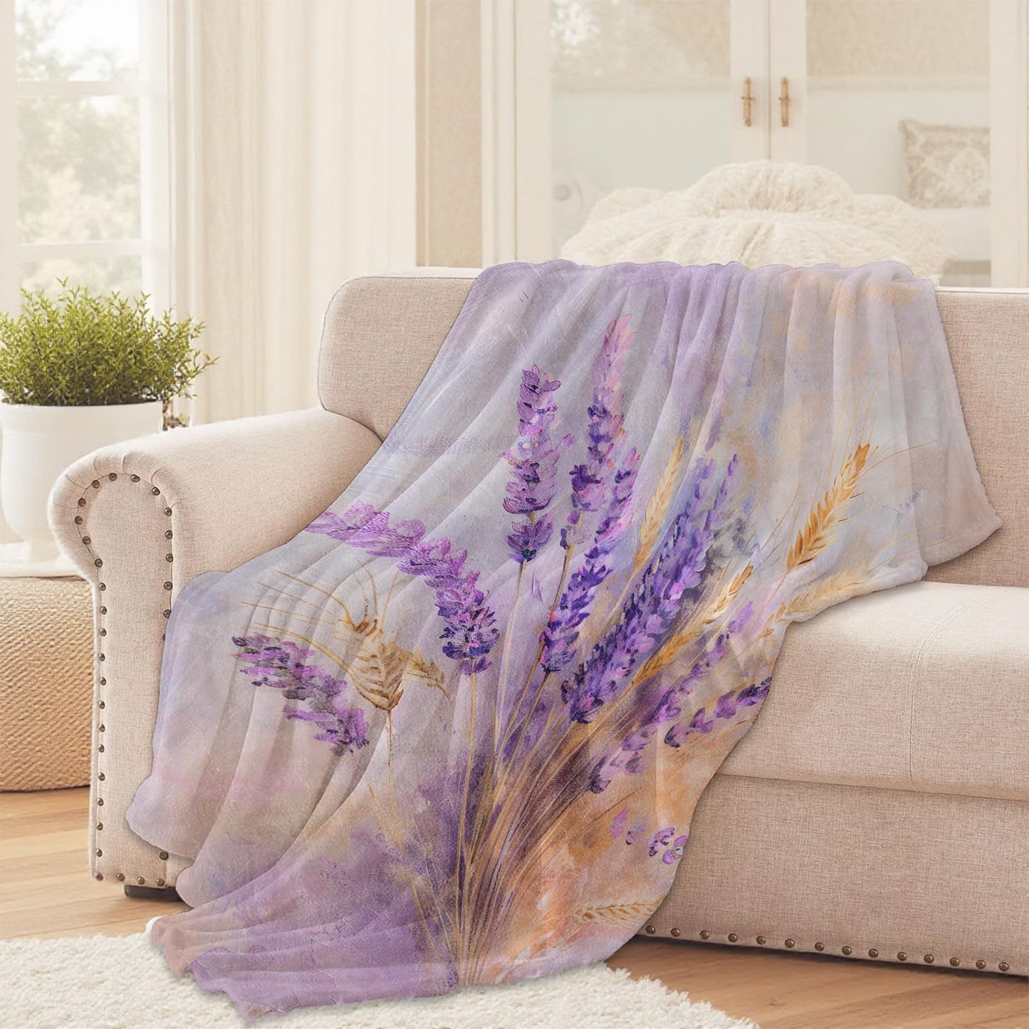 Lavender Floral Throw Blanket for Girls Boys Kids Adults, 50x60 in, Cozy Flannel Blanket for Bedroom, Camping, Couch, Room Decor, Fuzzy Warm Soft Gifts
