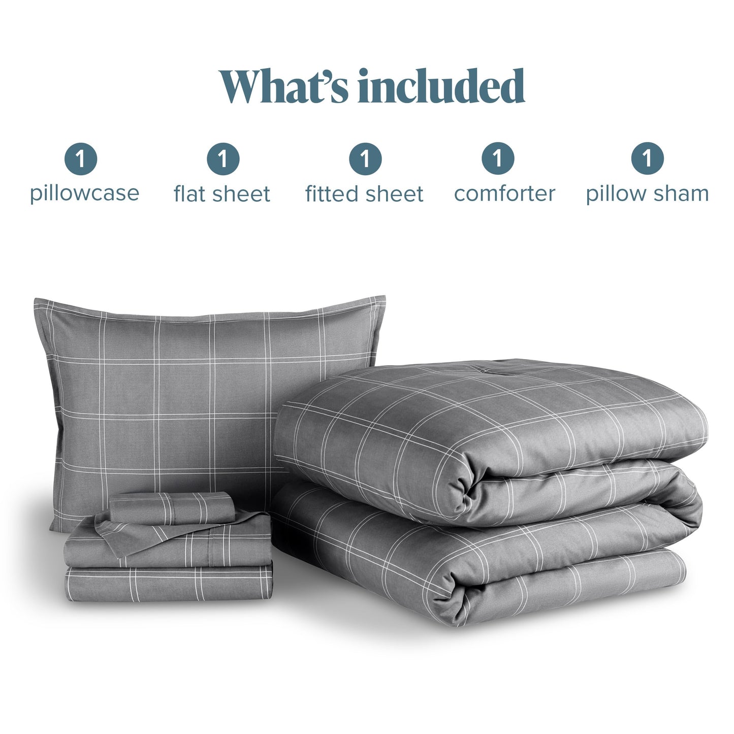 Bare Home Bedding Set 4 Piece Comforter & Sheet Set - Twin XL - Track Stitch - Goose Down Alternative - Ultra-Soft 1800 Premium Bed Set (Twin XL, Modern Plaid - Grey/White)