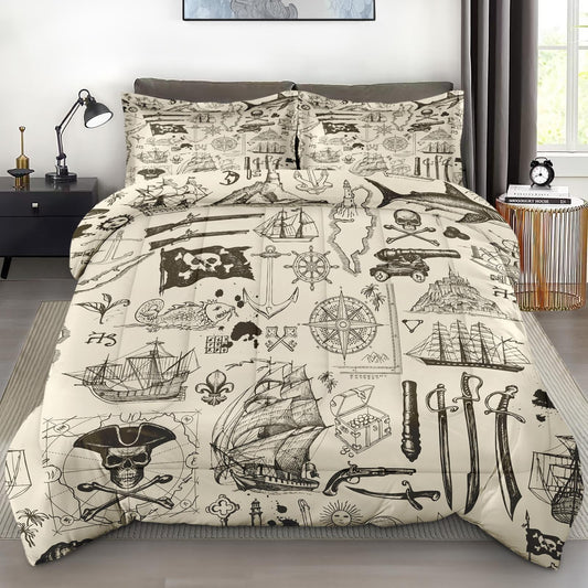 Pamnest Comforter Set Queen Size, Pirate Vintage Skull Soft 3 Pcs Bedding for Kids and Adults, Nautical Sea Retro Comforter Set with 2 Pillowcases, for Bedroom Bed Decor