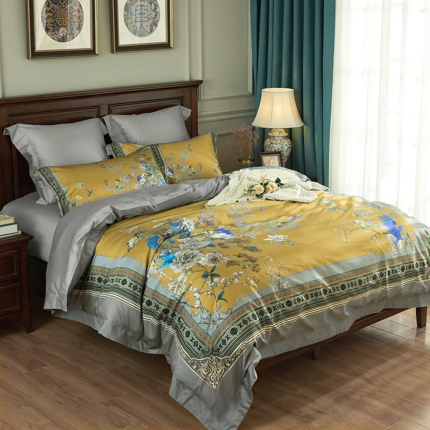 mixinni King Size Duvet Cover Set - 3PC Garden Style Long Staple Cotton Golden Floral Bedding, Chinoiserie Chic Botanical Print, Reversible Design, Zipper Closure, Soft & Breathable for Him & Her