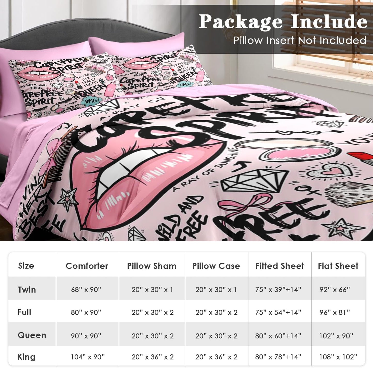 Pamnest Comforter Set Queen Size, Makeup Pink Queen 7 Pcs Bedding for Kids and Adults, Women Diamond Cute Bed Sheet Sets with Fitted Sheet 2 Pillowcases & 2 Shams for Bedroom Bed Decor