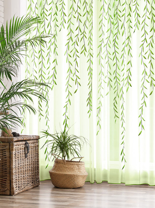 Breling Willow Voile Curtains Cute Green Sheers Leaf Tulle Vine Window Sheers Ivy Pretty Curtain for Living Room Bedroom Window Door Balcony (39.4 x 78.7 Inch,Print Style,2)