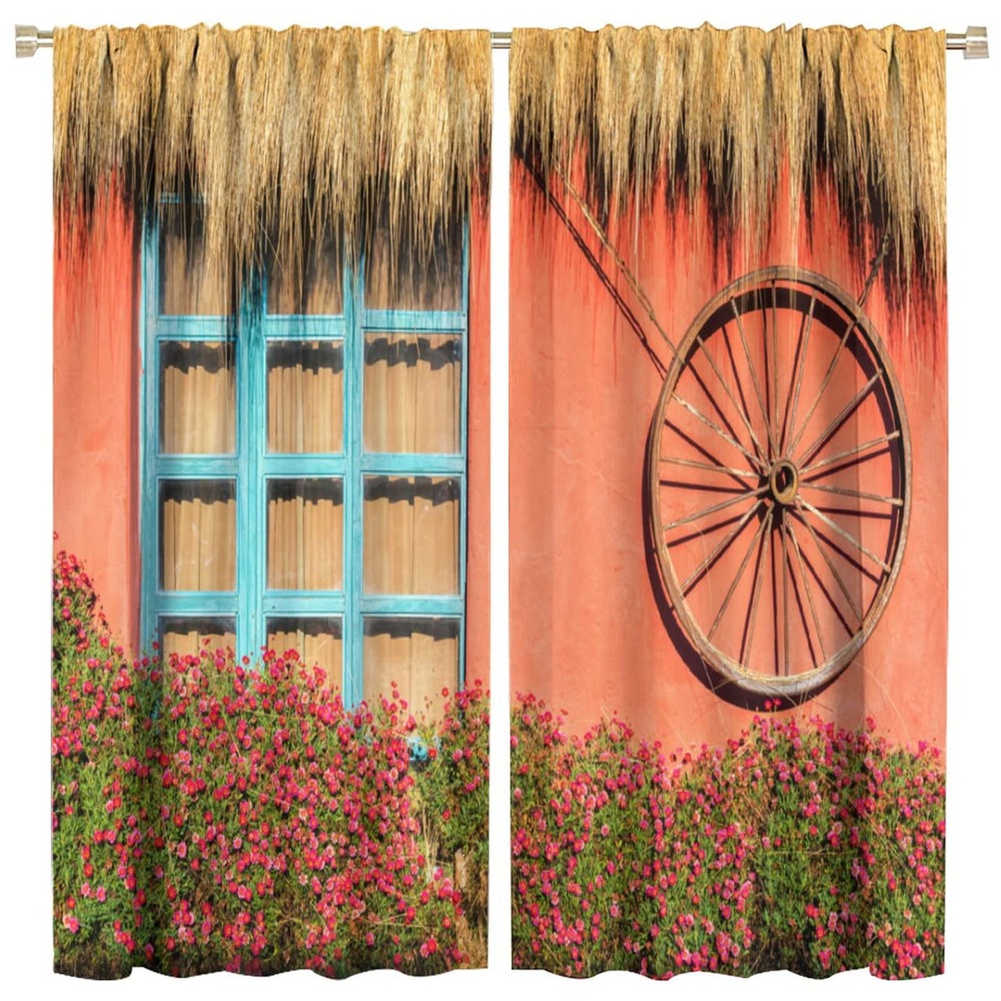 Wooden Door Curtains,Flowers and Wagon Wheel Theme Room Darkening Door Window Rod Pocket Curtain for Living Room Bedroom Kitchen Bathroom W42xL45in