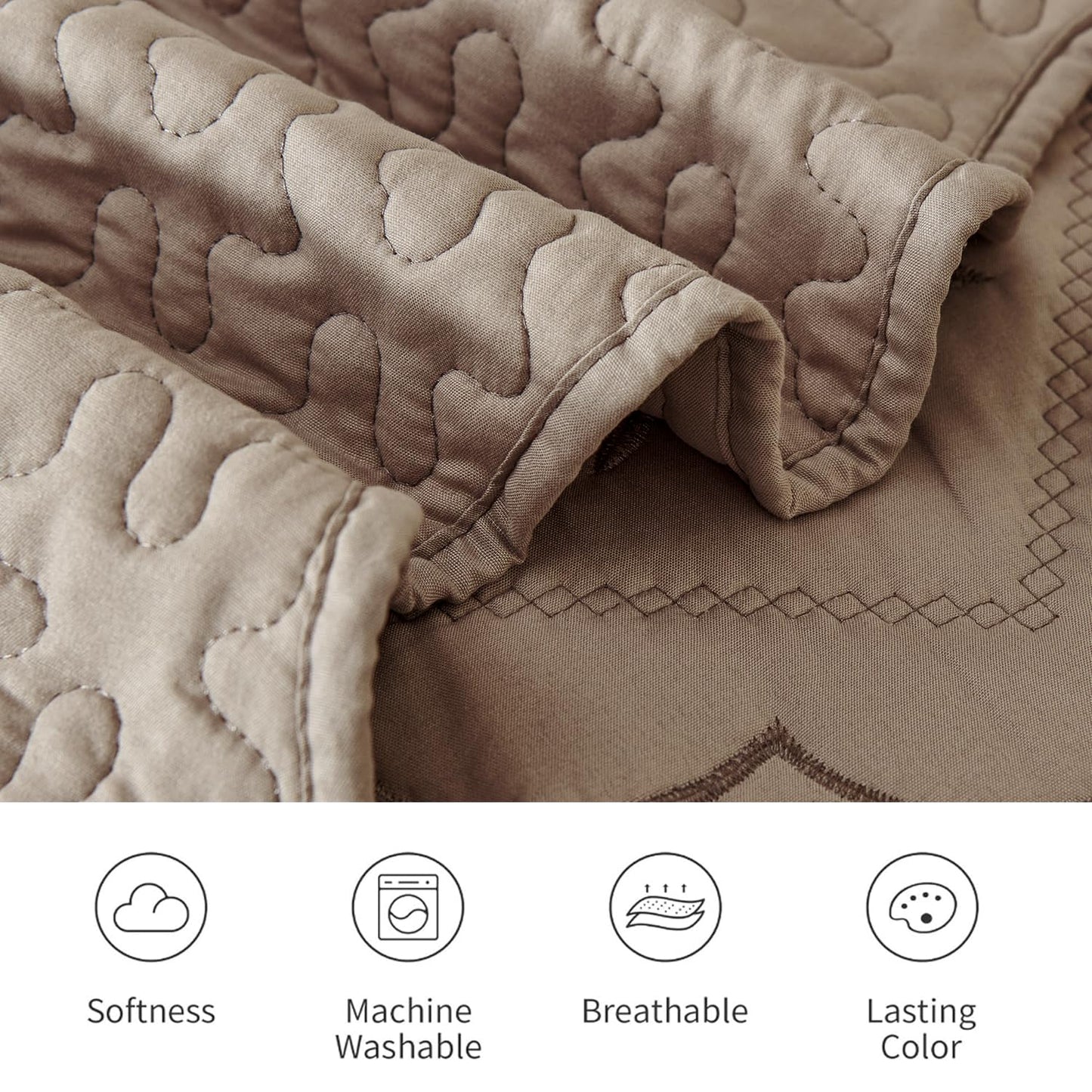 Cmfshape Floral Embroidery Quilt Set,3 Pieces Queen Quilt Bedding Set,Classic Diamond Pattern Quilts,Ultra Soft Lightweight Reversible Bedspread Coverlets for All Season(Taupe,90"x90")