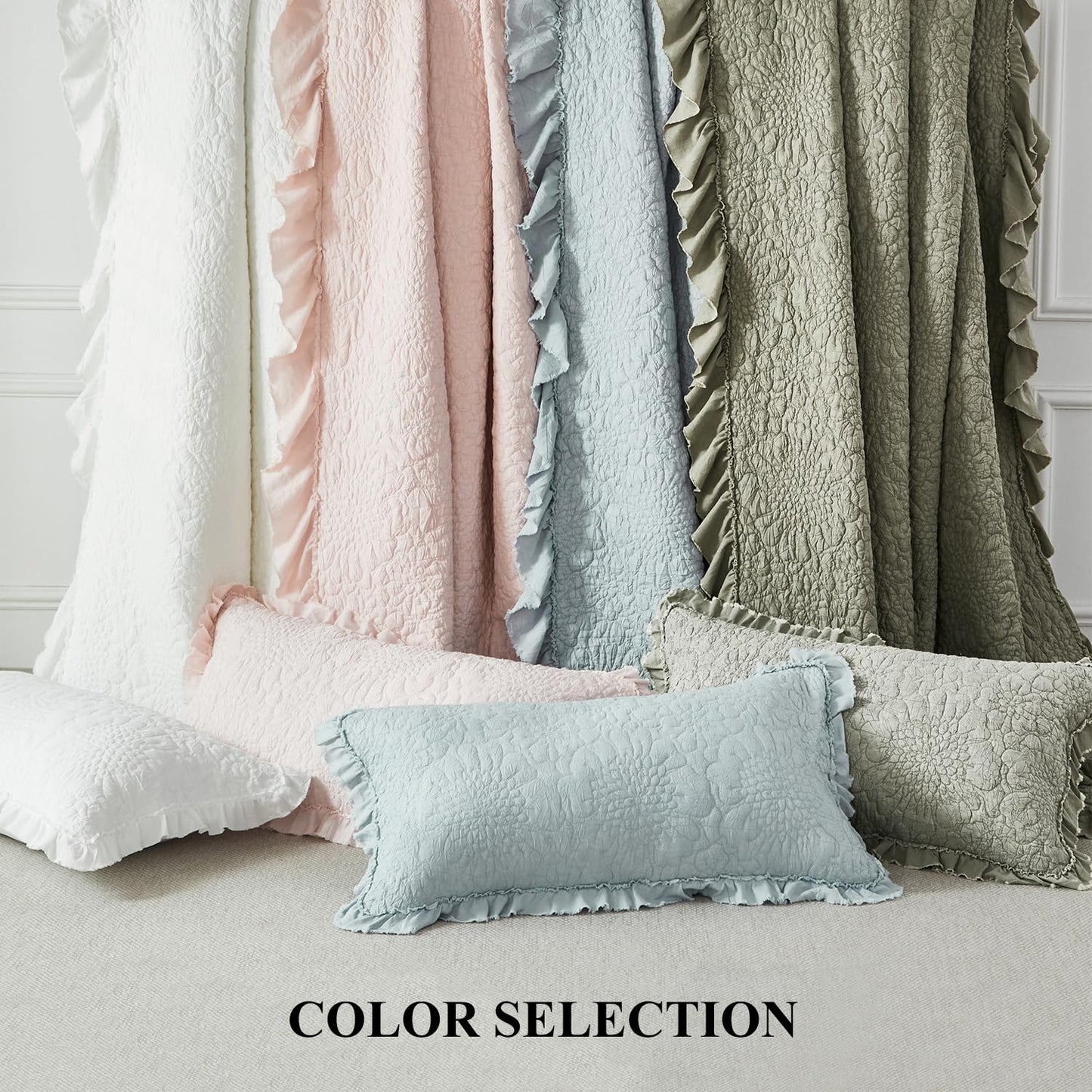 WINLIFE Queen Ruffled Quilt Bedding Set(90''x98''), Soft Stonewashed Bedspread Bedding Dusty Blue Floral Petal Pattern Crinkle Farmhouse Quilted Coverlet & Sets 3PCS for All Season