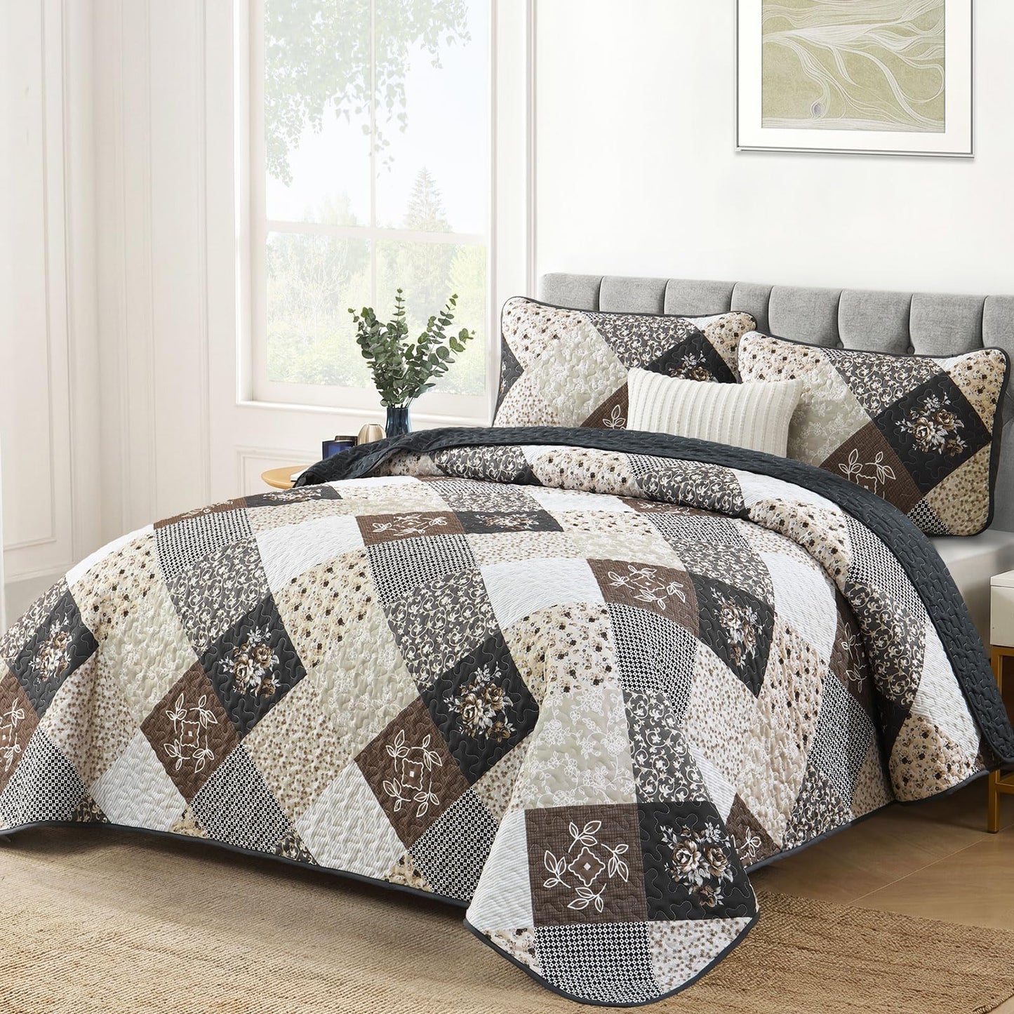 Dinjoy Black Brown Quilt Set King Size,Reversible Floral Plaid Patchwork Pattern Bedding Set Soft Microfiber Lightweight Bedspread Coverlet 3 Piece Spring Summer Use (110"×90")