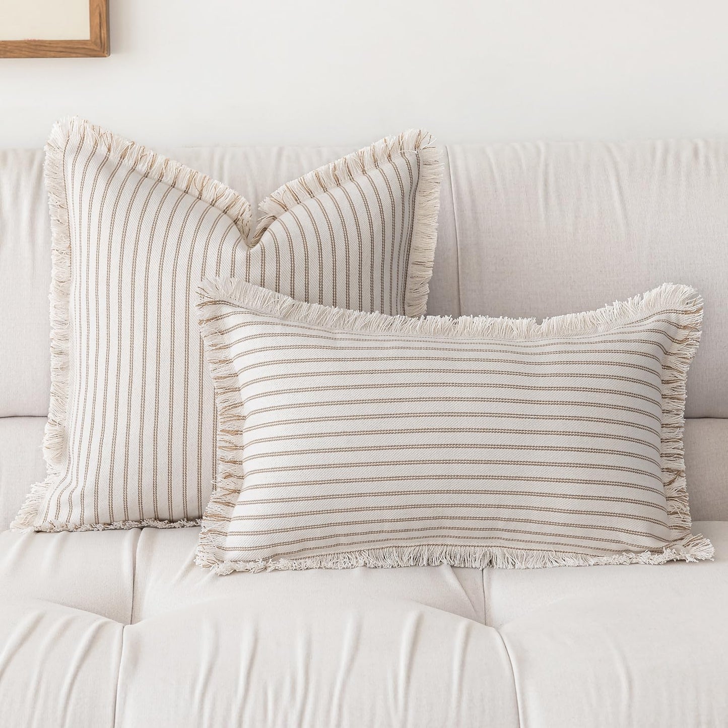YEENAASY Throw Pillow Covers 18x18 Set of 2 Striped Fringe Pillow Cover Farmhouse Cushion Covers with Tassel Neutral Boho Pillows Decorative Square Pillowcase for Couch Sofa Bed, Khaki