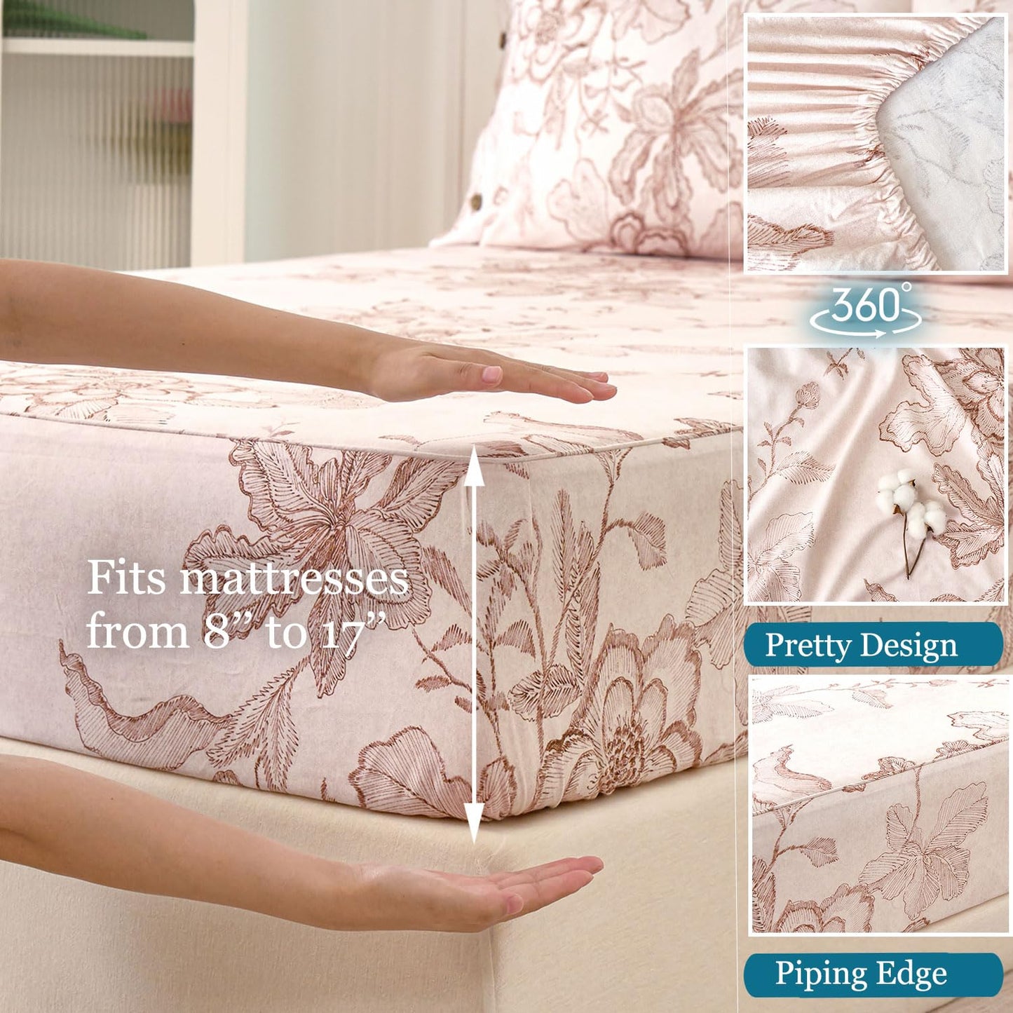 Zusbest Queen Sheet Set Pink Floral Sheet Set 400TC 100% Double Brushed Cotton Flannel-Like Warm Luxury Bed Sheets 4Pcs, Button Closure Extra Soft Breathable Vintage Toile Printed Deep Pocket 17‘’