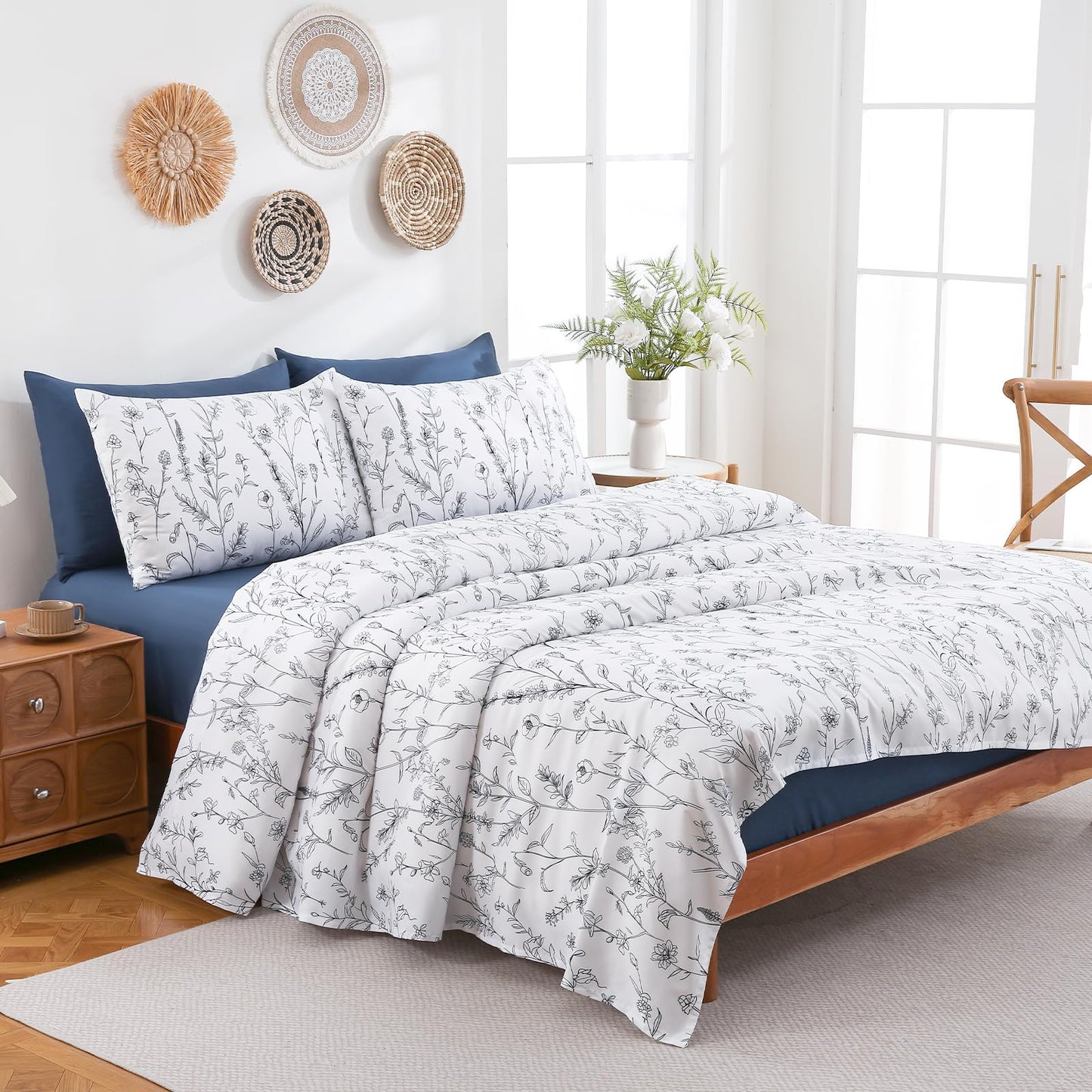 Swiftify Botanical King Size Sheets Set 6-Piece, Boho Floral Brushed Microfiber Sheets, Cooling Bed Sheet Set, Soft & Breathable, 16' Deep Pocket Fitted Sheet & Pillowcase Set, Sketch Meadow