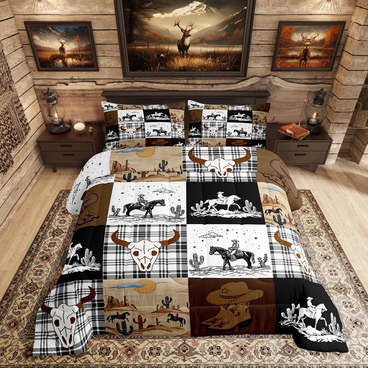 Erosebridal Boho Horse Skull Bull Bedding Set Twin, Western Cowboy Country Hunting Comforter Set, Exotic Wild Animal Plaid Check Adventure Comforter, Southwestern Rustic Farmhouse Quilt