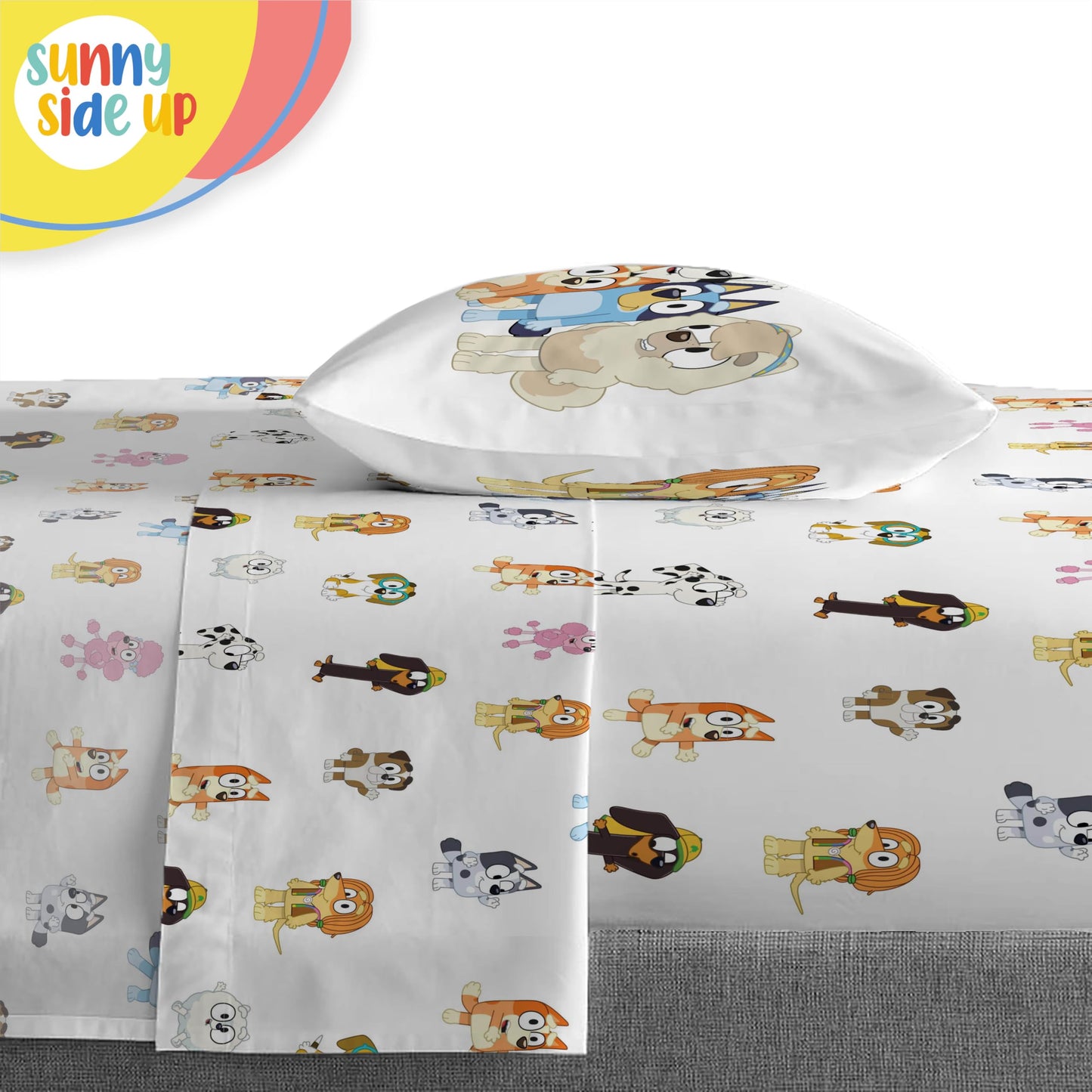 Sunny Side Up Bluey & Friends Toddler Comforter Set - 4 Piece Preschool Bedding Includes Comforter, Sheets & Pillow Cover - Super Soft Microfiber Bed Set