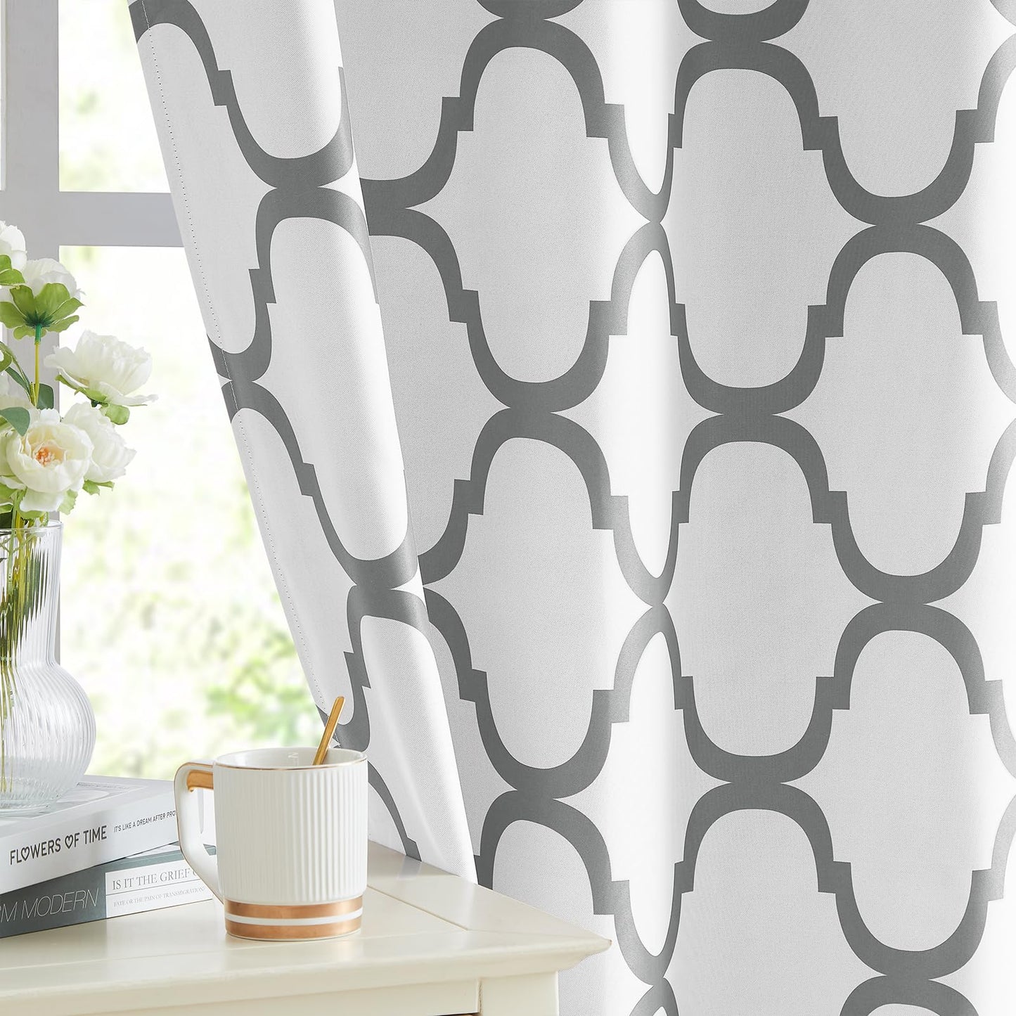 Melodieux Moroccan Printed Room Darkening Blackout Grommet Curtains for Bedroom Small Windows, 42 by 45 Inch, Off White/Grey (2 Panels)