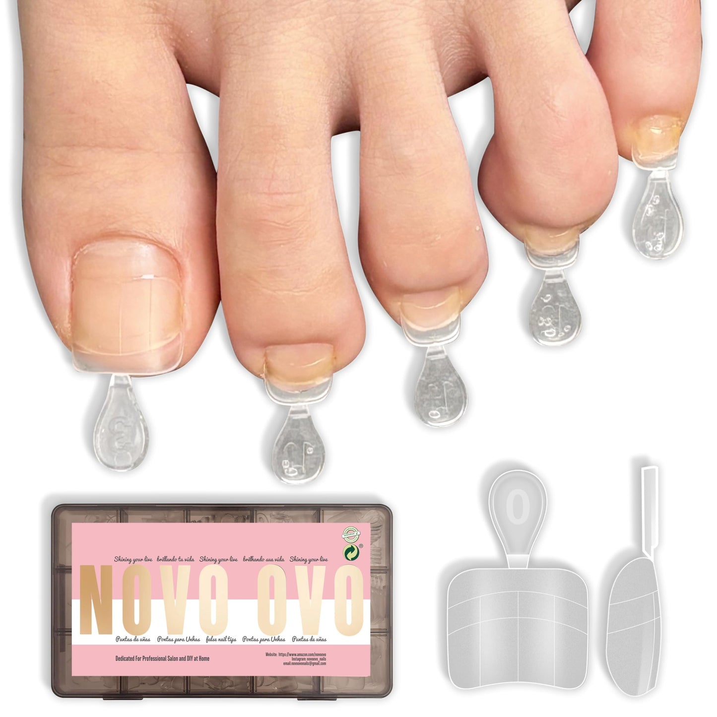 NOVO OVO Upgraded Flexible Half Cover Soft Gel Fake Toe Nail Tips with Auxiliary Line for Toenail Extension, Square Round Medium Wide for Men Women Acrylic French Pedicure Salon DIY x 15 Sizes 240 Pcs
