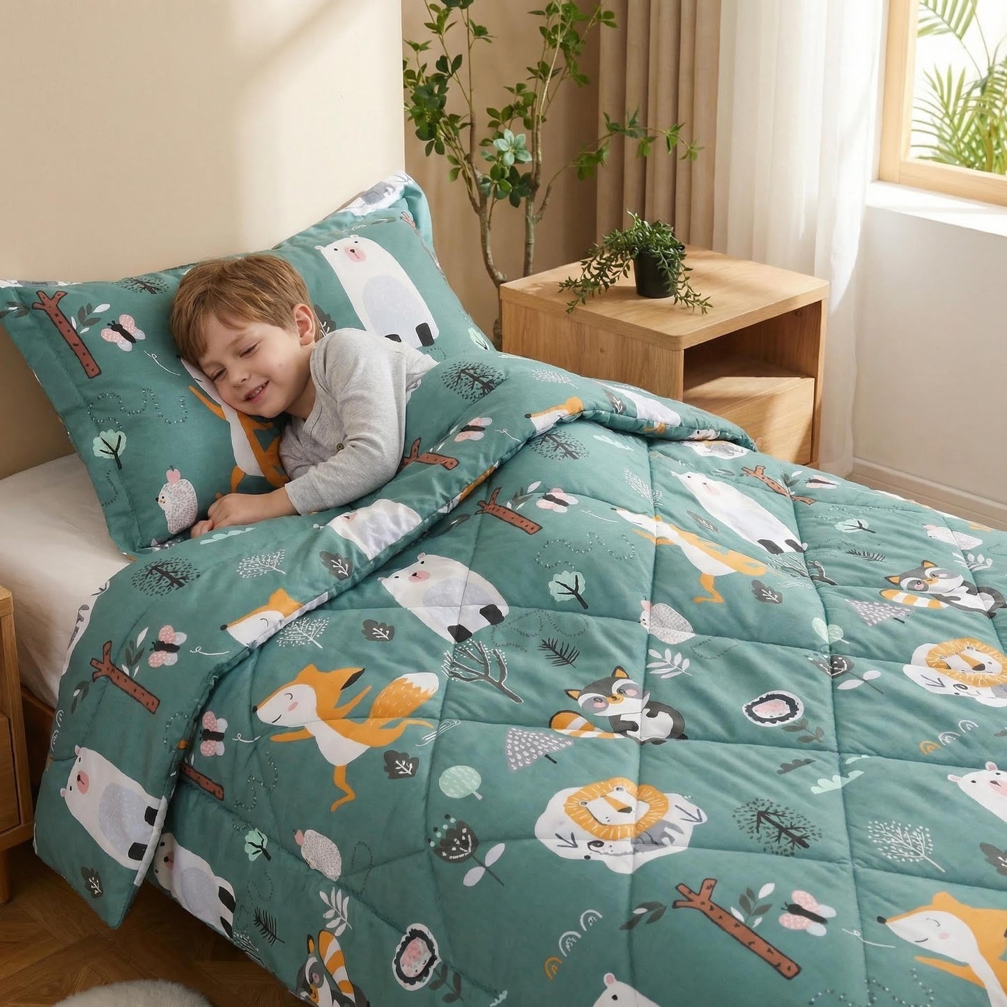 JSD Green Forest Animals Kids Comforter Set Twin Size, 2 Piece Woodland Printed Microfiber Bedding Set, Machine Washable