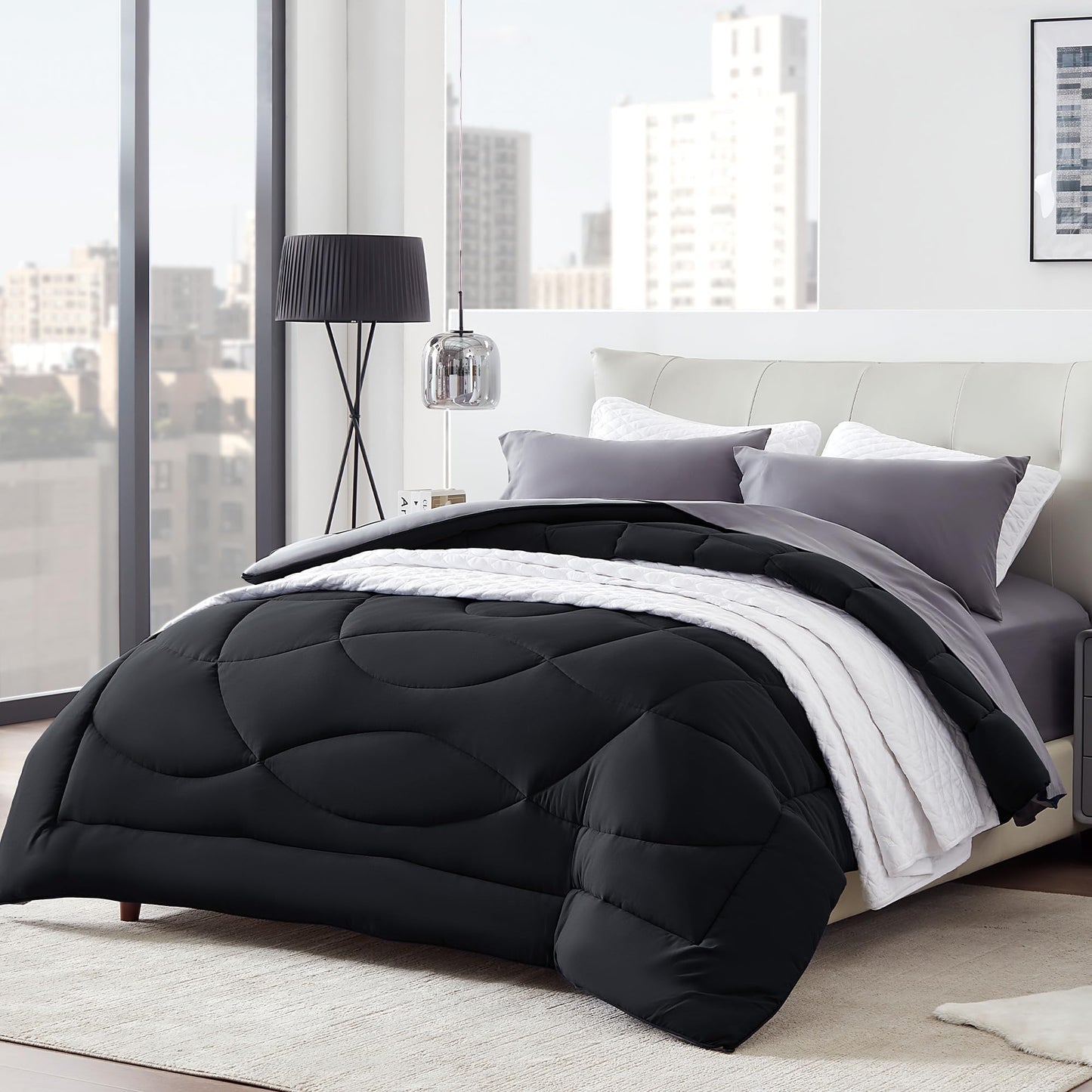 SLEEP ZONE Comforter Duvet Insert, Queen Size Quilted Reversible Comforters, Soft All Season Duvet, Down Alternative Breathable Bedding with 8 tabs, 2 Sides Black Gray 88 x 88 Inches