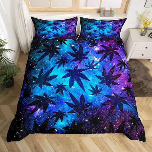 Erosebridal Leaves Duvet Cover Teens Galaxy Bedding Set Full Size for Women Men Youth Chic Purple Blue Quilt Cover Room Decor