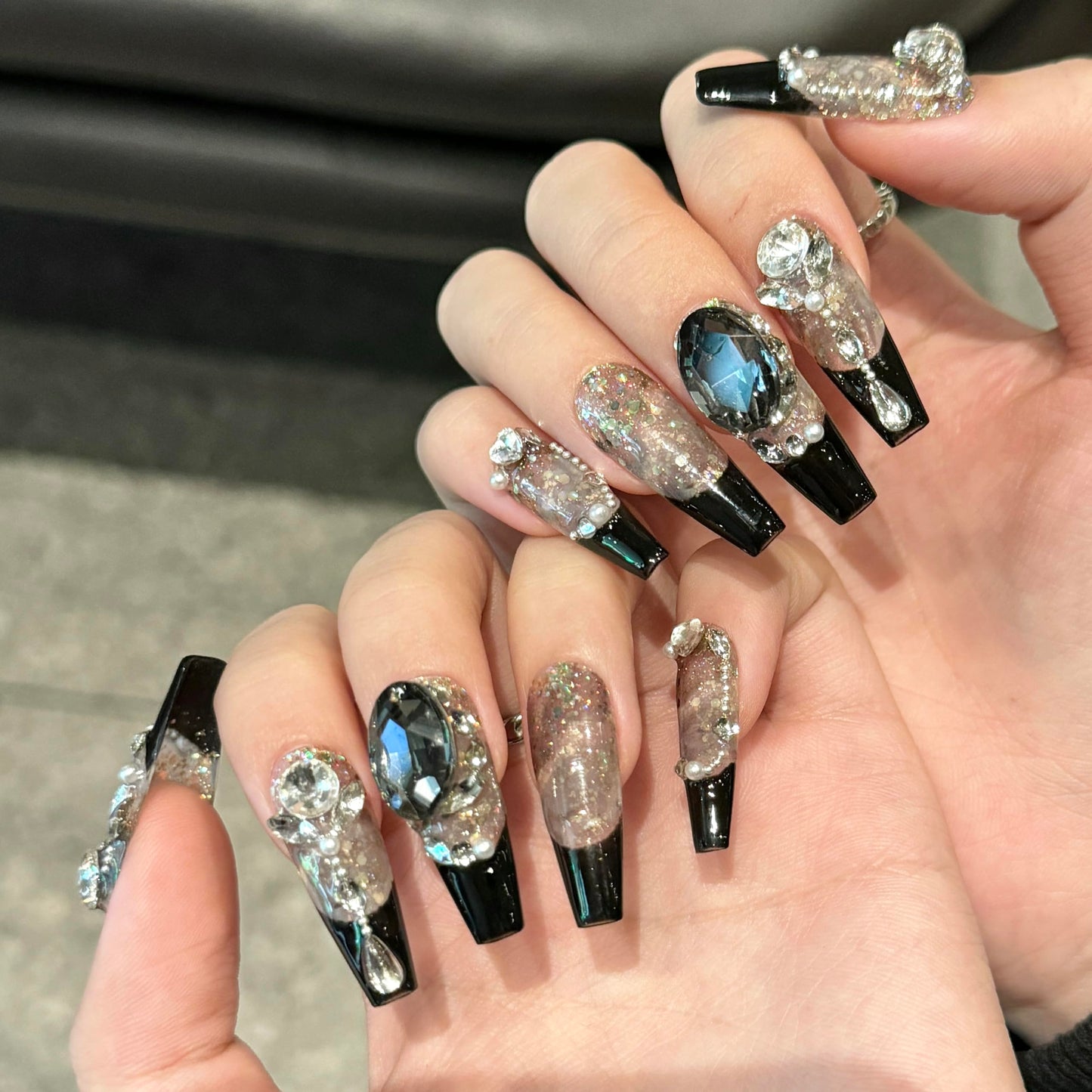 Handmade Press On Nails Long Square Reusable Stick On Fake Nails Luxury Elegant Sexy Style For Women Gift With Nail Glue Black M