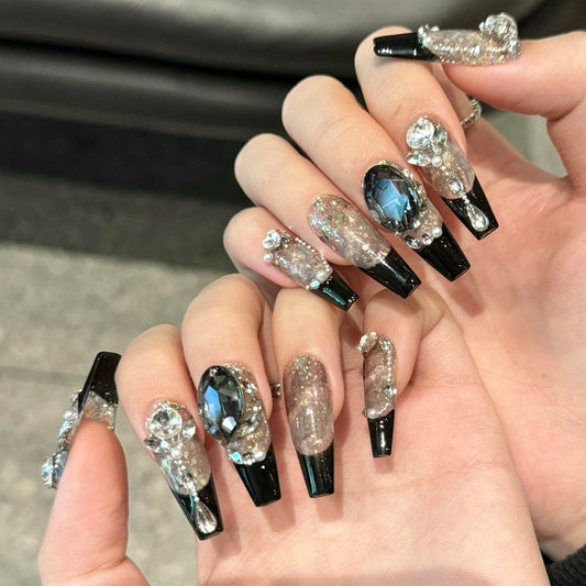 Handmade Press On Nails Long Square Reusable Stick On Fake Nails Luxury Elegant Sexy Style For Women Gift With Nail Glue Black M