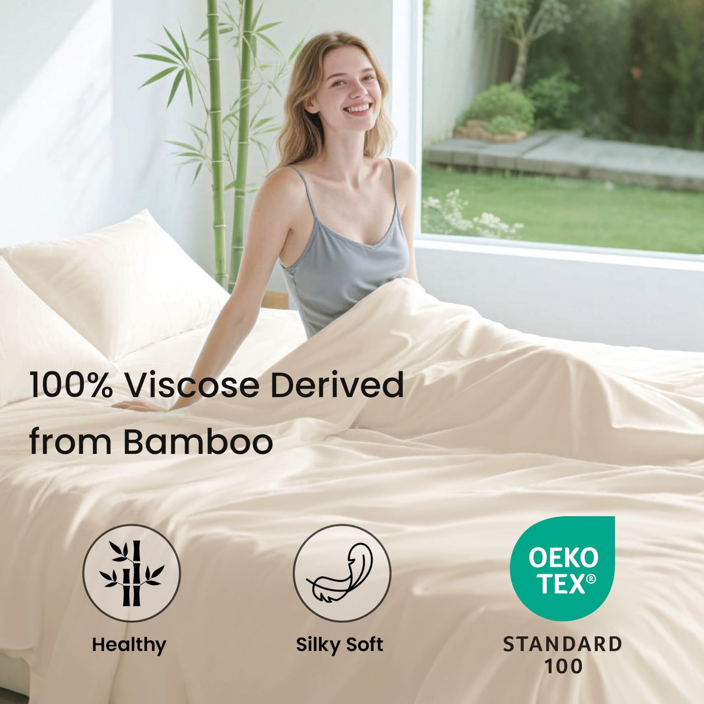 Love's cabin 4 Piece Queen Sheet Set, 100% Rayon Derived from Bamboo, Cooling & Breathable, Soft Silky Deep Pocket up to 16", Hotel Luxury Bedding for Hot Sleepers, Beige