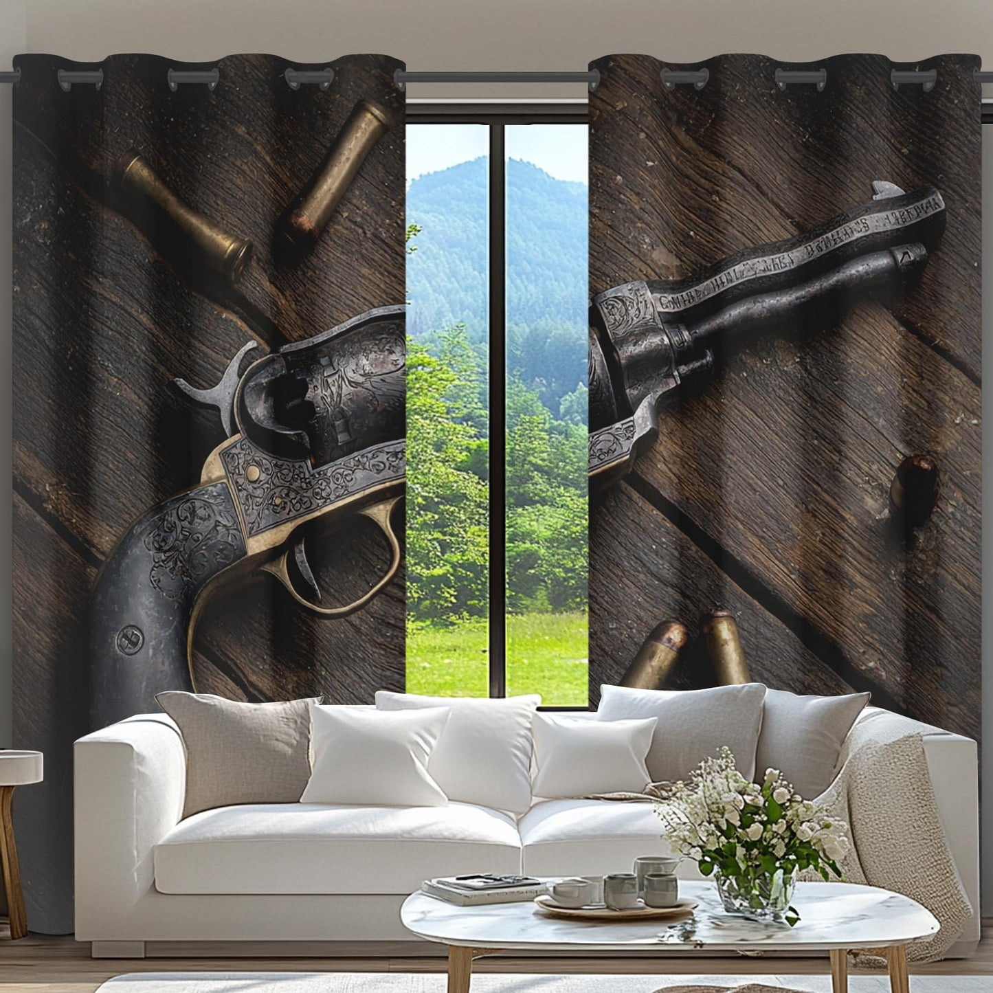 Retro Western Revolver Curtains for Bedroom Decor, Cowboy Pistol Bullet Blackout Curtains 63 Inch Long Grommet Curtains, Rustic Old Wooden Planks Drapes Thermal Insulated for Living Room 2 Panels Set