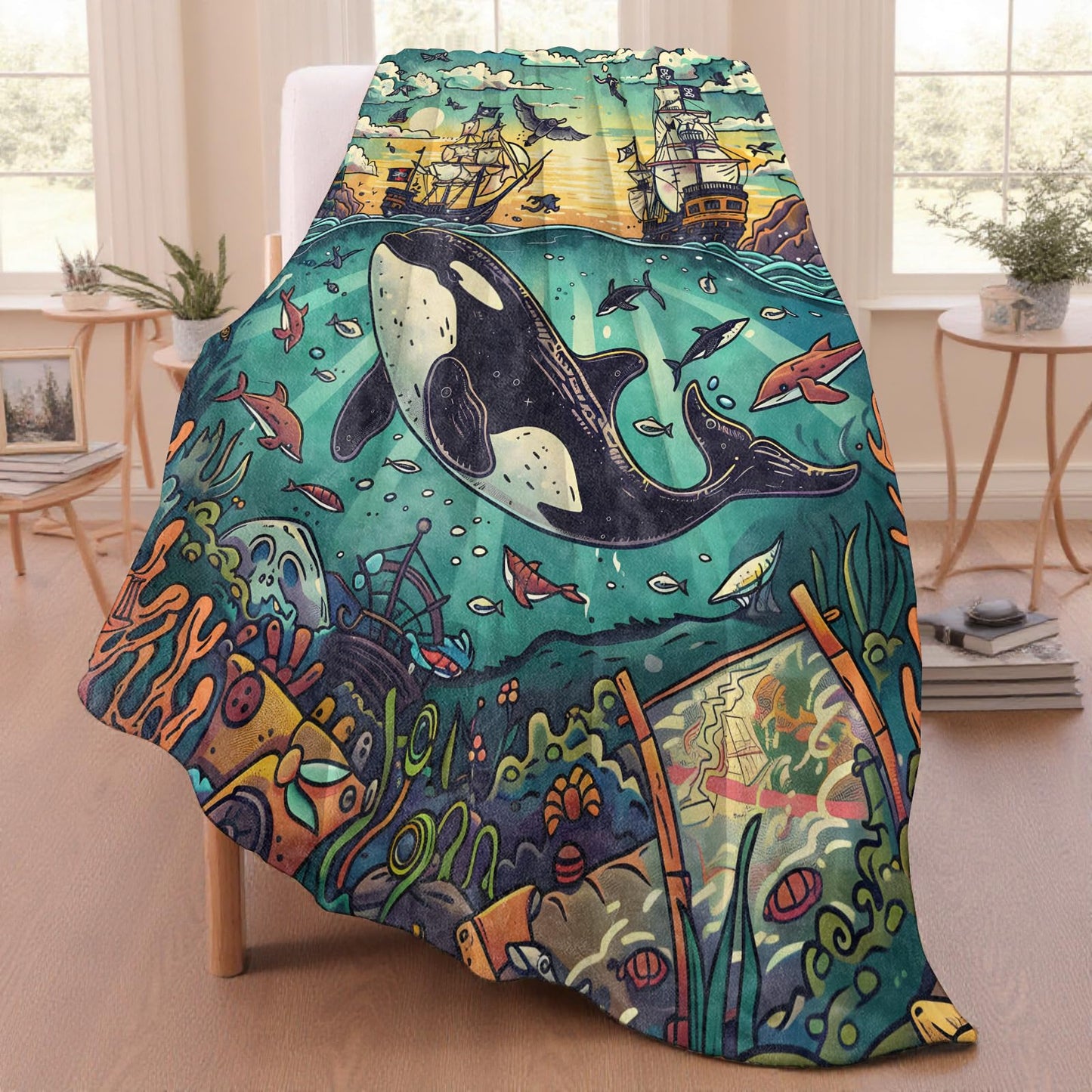 Pirate Whale Ocean Adventure Throw Blanket for Adutls Kids, 50x60 in, Cozy Soft Warm Fleece Blankets Gifts for Couch, Camping, Hiking Decor