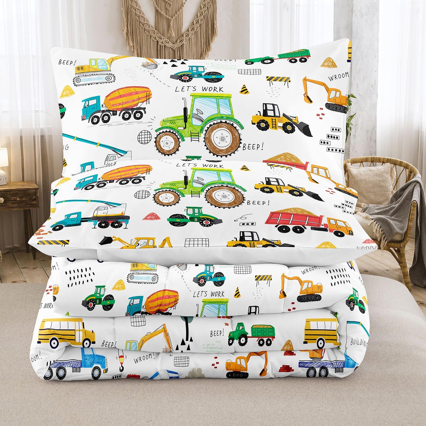 Peopleareok Construction Comforter Set Twin (68x86 Inch), 2 Pieces Construction Excavator Tractor Bedding Sets for Boys Toddler Children, Super Soft Microfiber Comforter with 1 Pillowcase