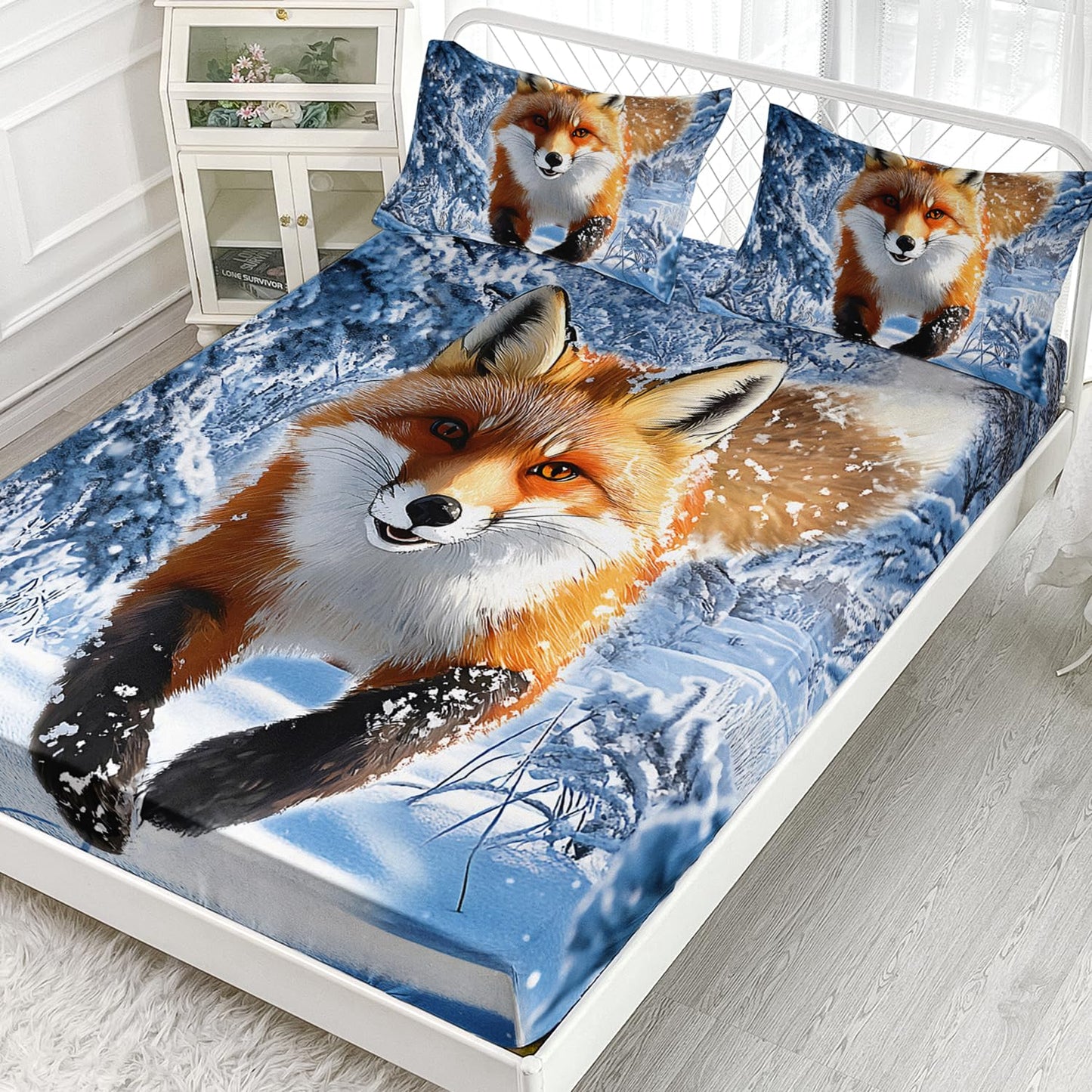 AILONEN Kawaii Fox Fitted Sheet Set Twin Size,Red Snow Fox Bed Sheet Set,Kids Winter Forest Animal Printed Soft Fitted Sheet + 2 Pillowcases,3Pcs