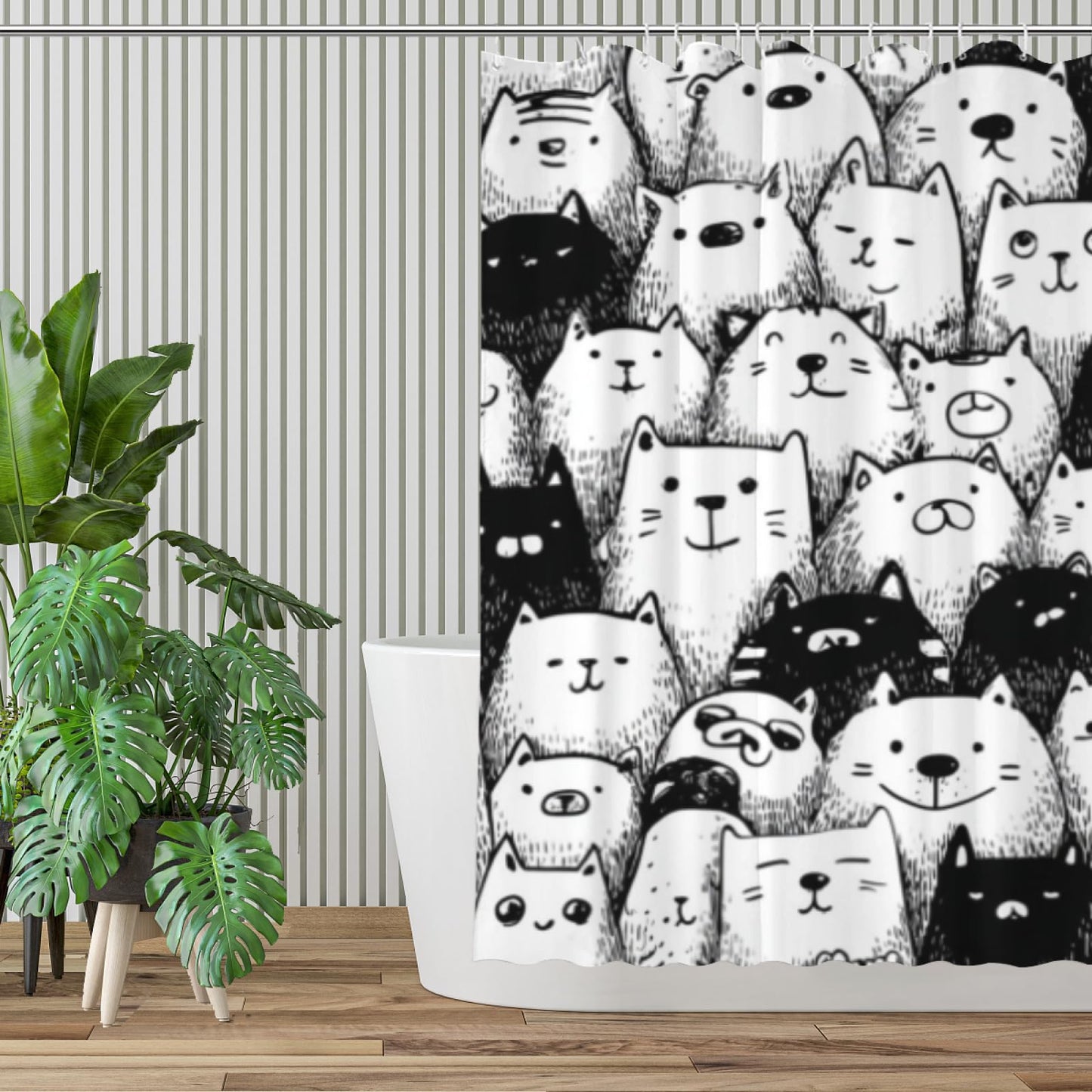 Wordatu Labrador Retriever Pet Shower Curtain, Group of Dogs and Cats Animals Cloth Fabric Bathroom Decor Set 72X72 Inches, Black and White