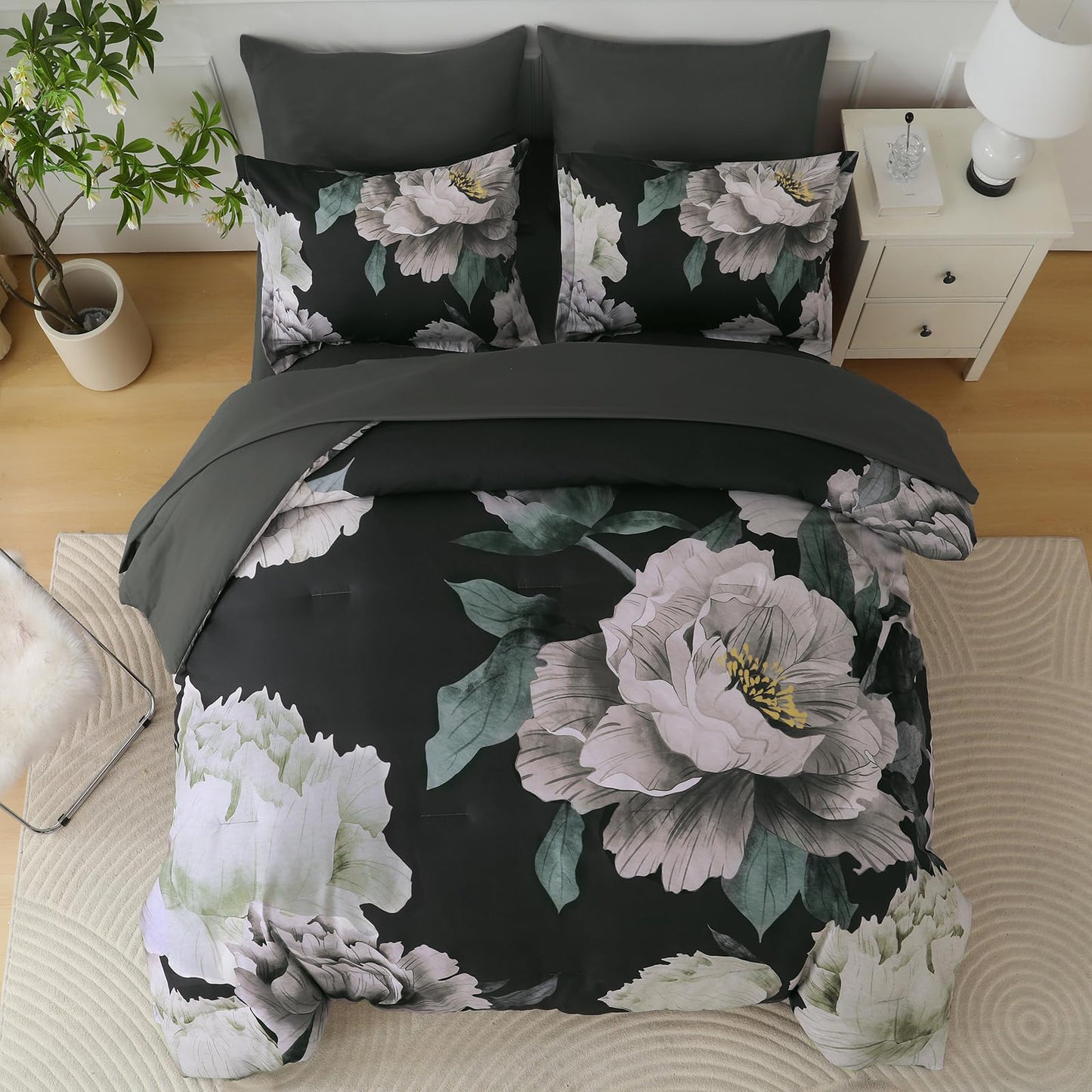 Dobuyly Black Comforter Set Queen 7 Piece Bed in a Bag, Floral Comforter Set with Sheets, Soft Microfiber Botanical Flower Bedding Set for All Season