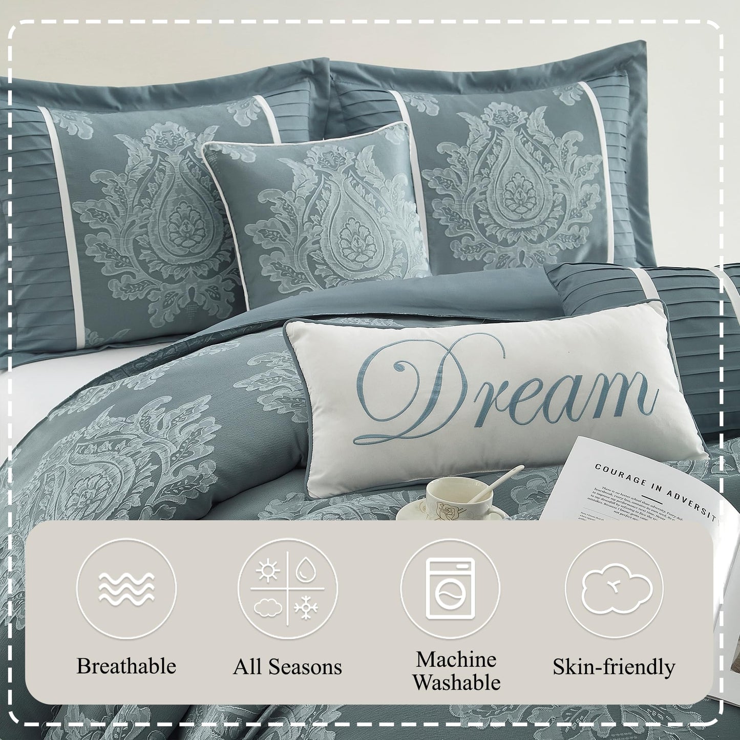 Stratford Park Blue Comforter Set King, 15 Pieces Room in a Bag, Elegant Patchwork Damask Jacquard Bedding Set, Matching Bedskirt, Flat Sheet, Fitted Sheet, Pillow Shams, Curtains