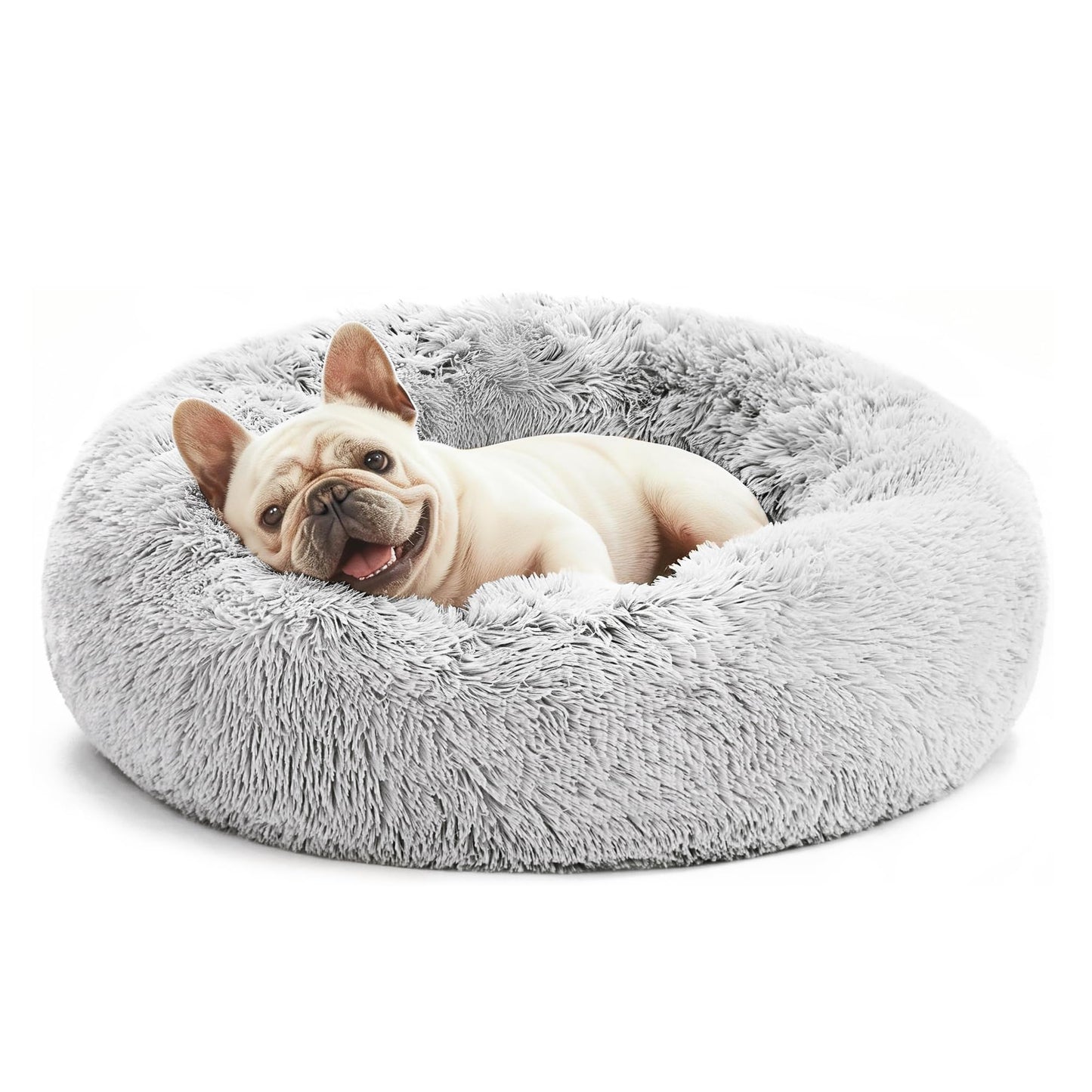 Love's cabin Calming Cat Bed for Indoor Cats, Anti-Anxiety Donut Round Dog Bed, Fluffy Faux Fur Washable Pet Bed for Small Medium Dogs and Cats, Grey, 20in