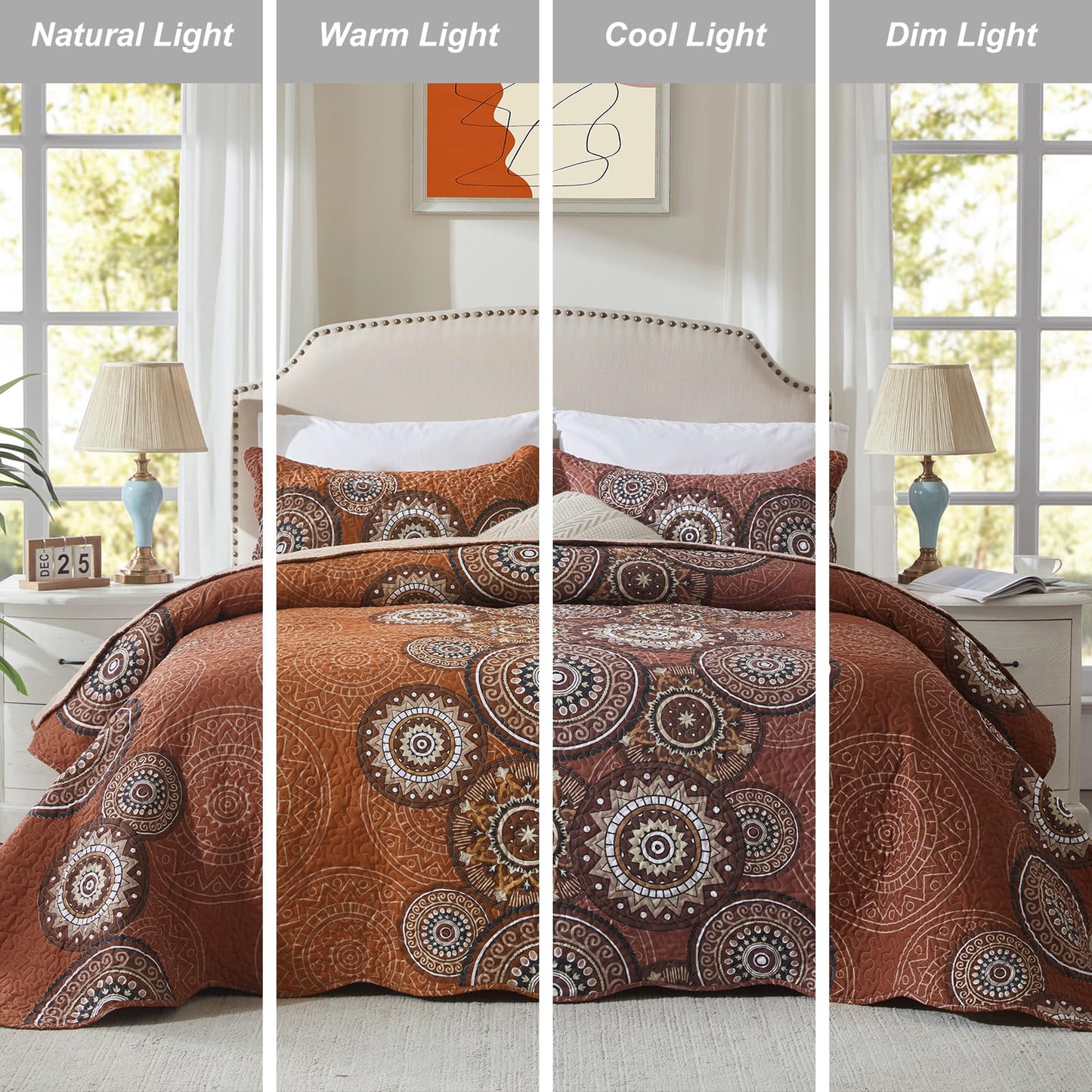 LEAONME 3-Piece Full Queen Size Burnt Orange Rust Quilt Set Lightweight Oversized Bedspread 90''x98'' Soft Microfiber Floral Coverlet Luxurious Warm Bed Cover for All Seasons (1 Quilt, 2 Pillow Shams)