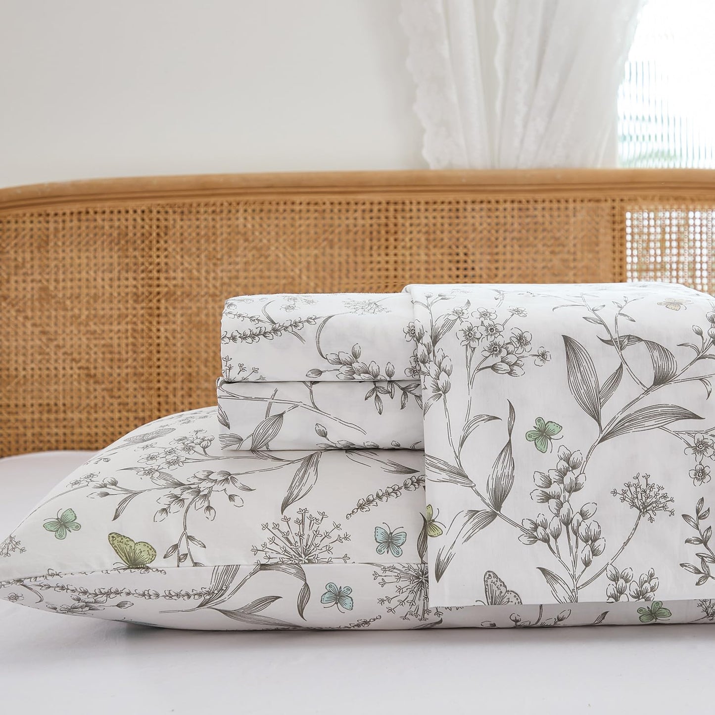 Cozaline 100% Cotton Sheet Set King Size – 4-Piece Chic White Floral Bedding Set, Soft Breathable Percale Weave, Deep Pocket Fitted Sheet 17.5", Crisp Cool Feel, Refined Botanical Elegance