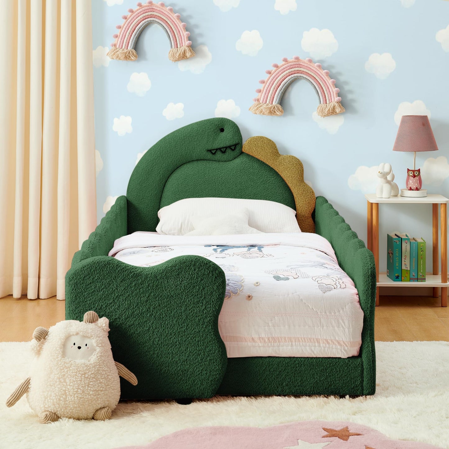 KEIKI Twin Size Upholstered Platform Bed Frame with Cute Dinosaur-Shaped Headboard, for Boys and Girls, Boucle Bed with Thickened Guardrail and Slats, No Box Spring Required, Easy Assembly, Green