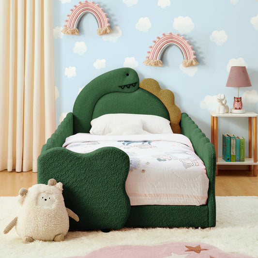KEIKI Twin Size Upholstered Platform Bed Frame with Cute Dinosaur-Shaped Headboard, for Boys and Girls, Boucle Bed with Thickened Guardrail and Slats, No Box Spring Required, Easy Assembly, Green