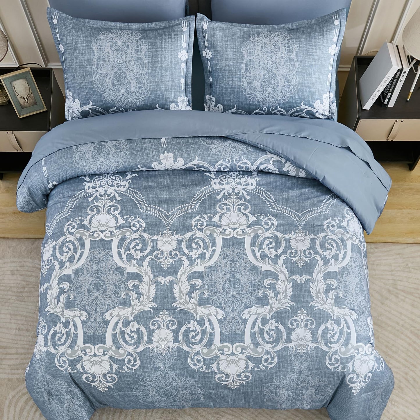 Mybedsoul Bluish Grey Queen Comforter Set, 7 Pieces Boho Bed in a Bag for Queen Bed, Damask Comforter with Sheets Pillowcases, Soft Microfiber Lightweight Bedding Sets for All Season(90"x90")