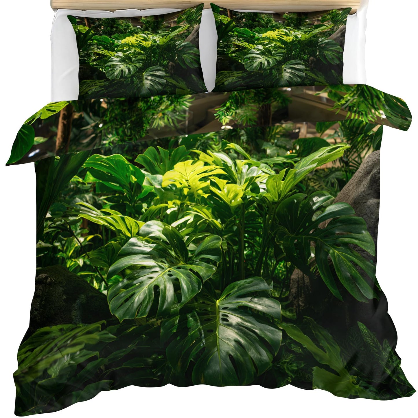 GKPLY Tropical Leaves Duvet Cover Full, Monstera Plant Comforter Sets, Green Jungle Bedding Set, 2 Pillow Cases, Zipper & Ties, Soft Microfiber Reversible Print Duvet Cover & Home Decor
