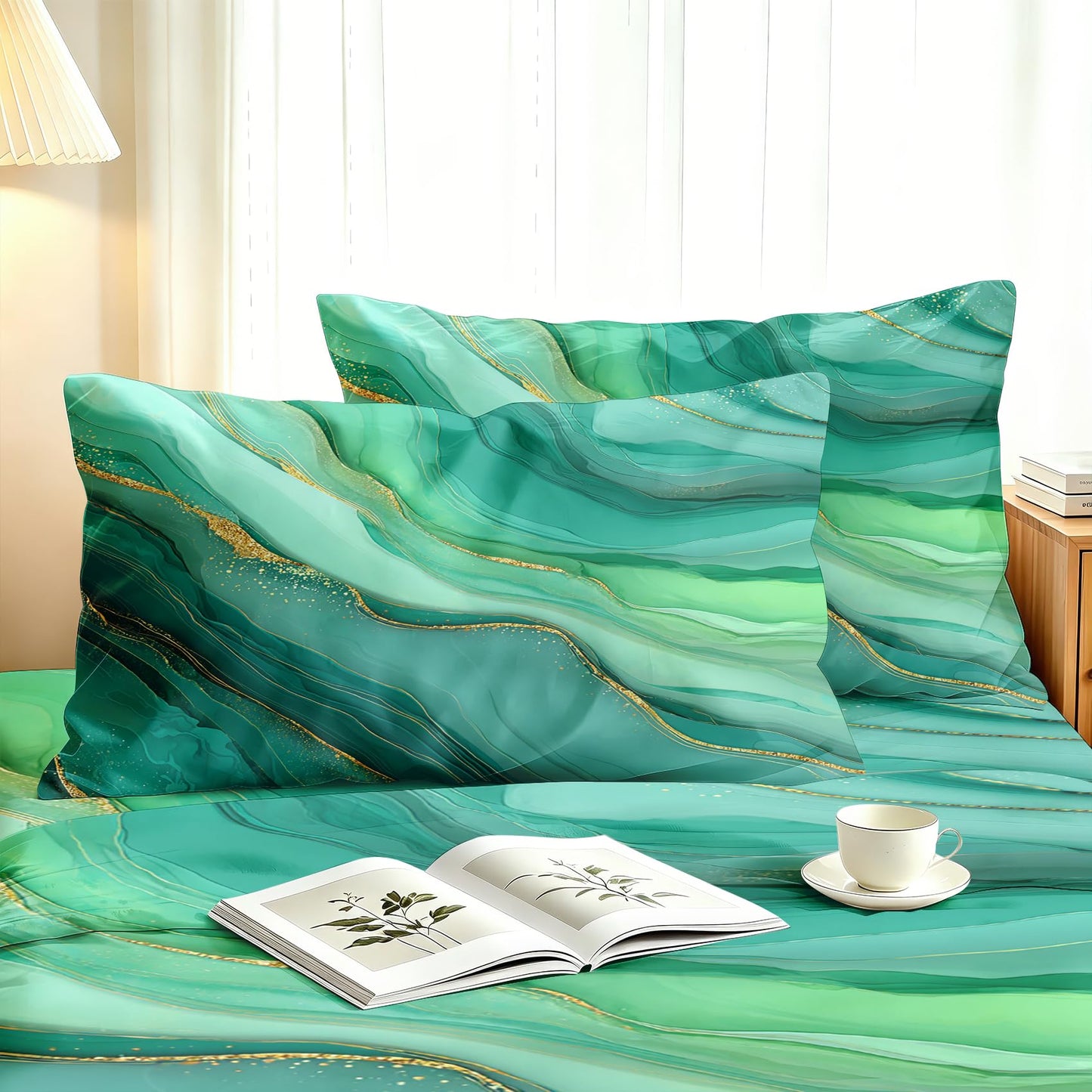 Green Full Sheet Set Marble Fluid Art Flat Fitted Sheet Sets, Green