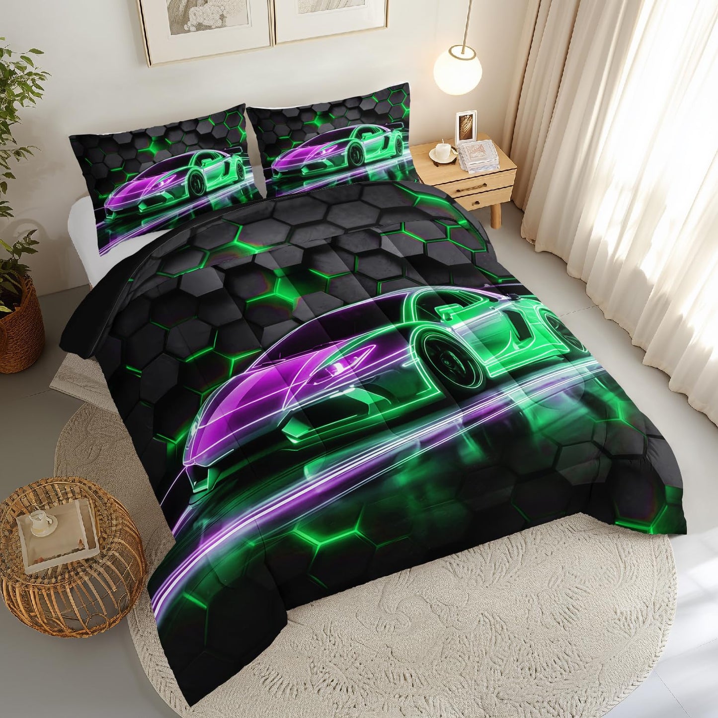 HOSIMA Kids Race Car Queen Bedding Sets,Hexagon Geometric Honeycomb Pattern Cool Extreme Sports Bedding for Boys Men Car Room Decor,Gaming Comforter with 2 Pillowcases.