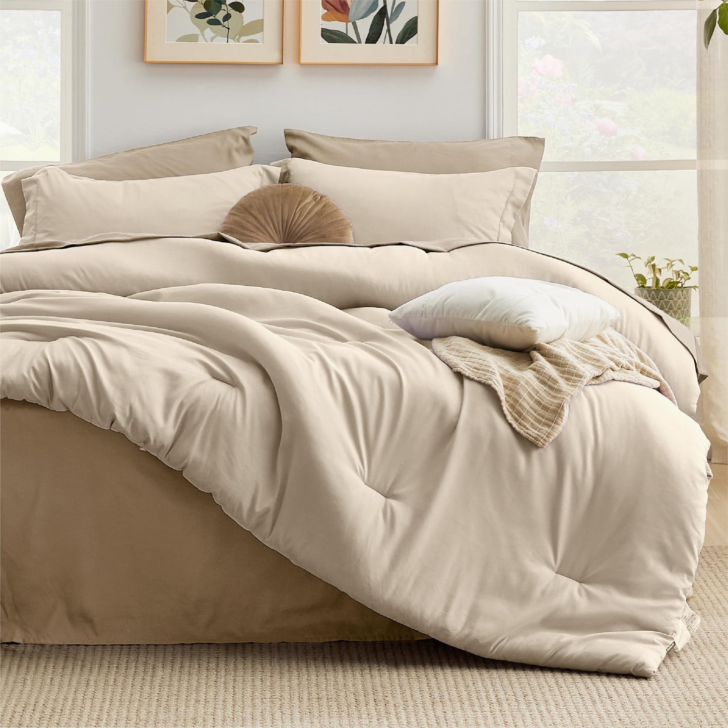 Bedsure King Size Comforter Set - 7 Pieces Light Beige King Bedding Set for All Seasons, Boho Contrasting Design Bed in a Bag with Comforter, Sheets, Pillowcases & Shams