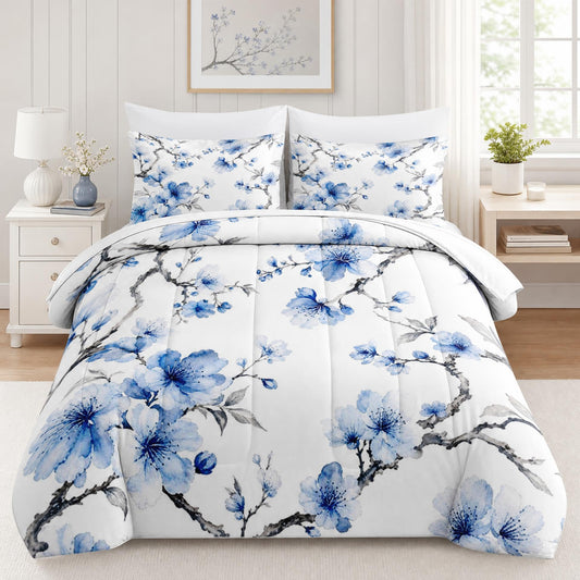 Boewywh Comforter Set Twin Size Floral Blue Botanical 7 Pcs, Bedding for Kids and Adults, Cherry Chinoiserie Bed Sheet Sets with Fitted Sheet 2 Pillowcases & 2 Shams for Bedroom Bed Decor