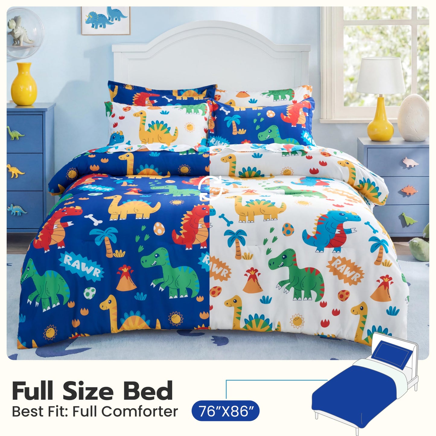 Joiedomi Kids Comforter Set Bedding Set for Boys Girls Super Soft Microfiber Bed in a Bag with Comforter Sheets Pillowcase Sham, Dark Blue Cute Dinosaur, Full