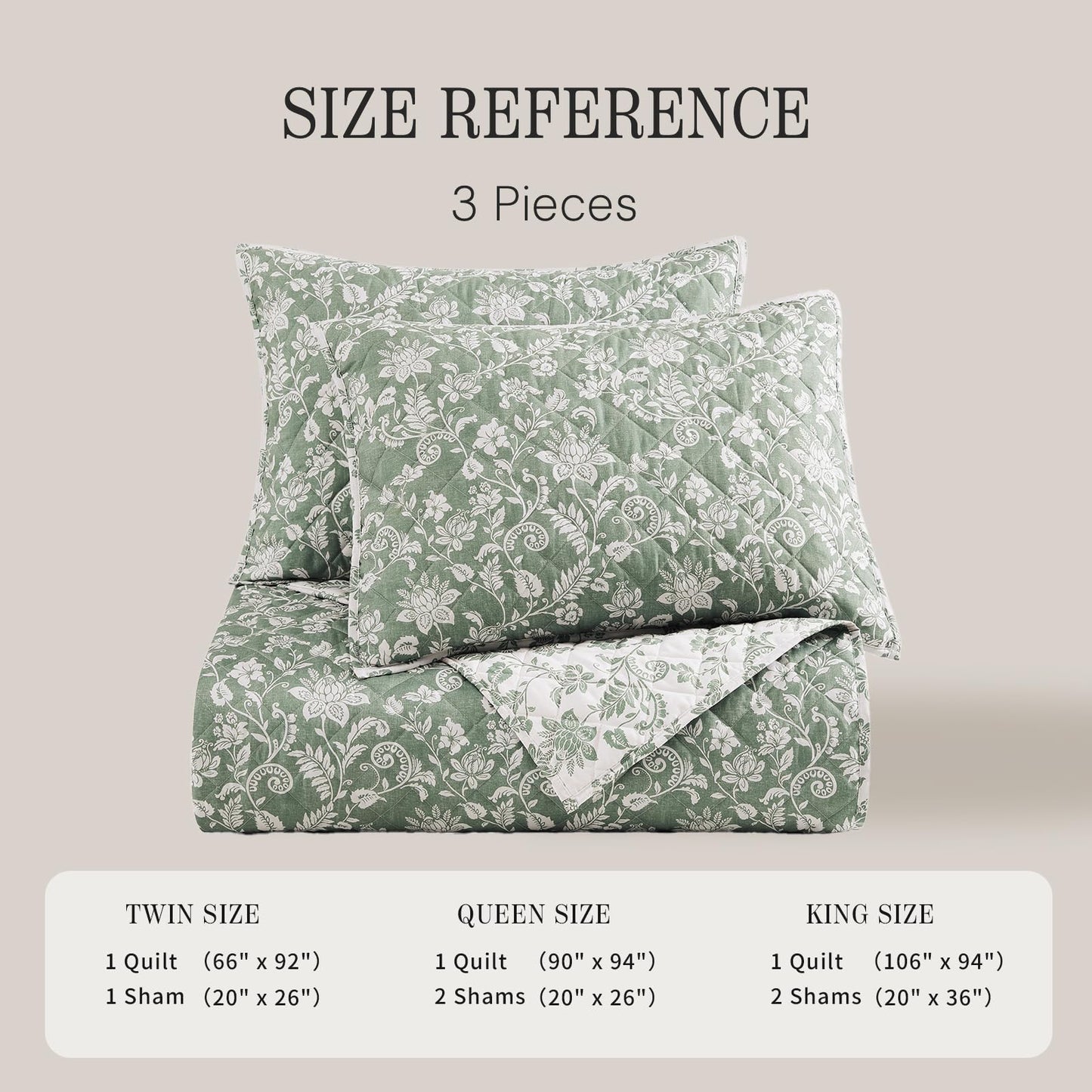 BLOOMHAVEN Quilt Set Queen Size, Green Floral Quilt Sets, Reversible Bedspread Lightweight and Breathable for All Seasons, Soft Quilted Bedspread with 2 Pillow Shams