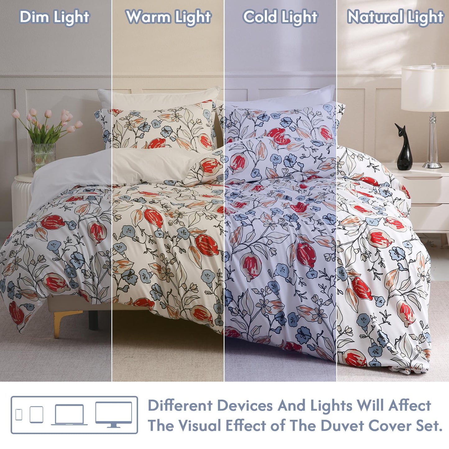 LONAVA Queen Flower 3 Pcs Duvet Cover Set, Breathable Soft Microfiber White Lining Comforter Cover with Zipper Closure, and 2 Anti-Pilling, Fade Resistant Pillowcases, Red Bud