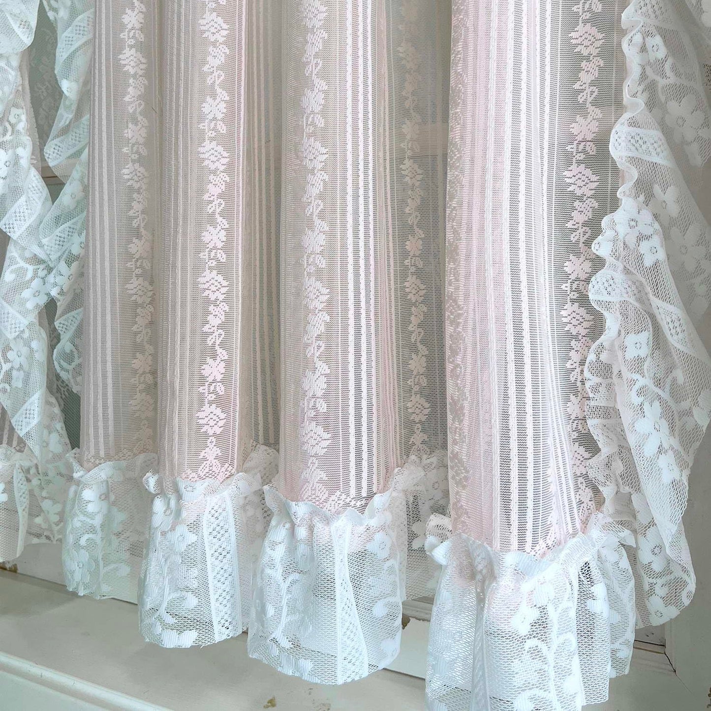 NewWPKIRA Floral Embroidery Sheer Lace Curtain with Ruffle Trim Romantic Gauze Curtains for Girl's Bedroom Living Room Rod Pocket Top 2 Panels (Pink,W59 x L47 inches)