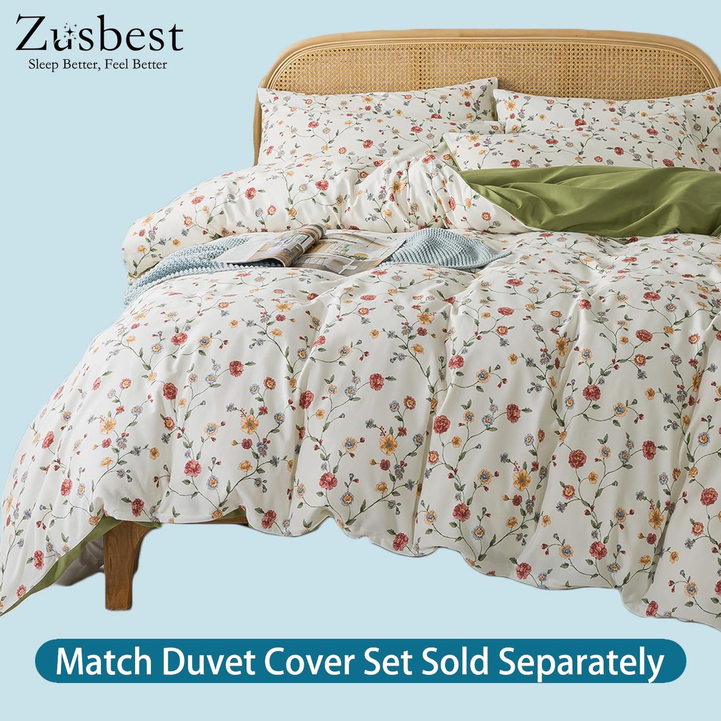 Zusbest Queen Sheet Set 100% Percale Cotton Off White Floral Bed Sheet Set, Brushed for Extra Softness, Breathable Luxury Flannel Sheets Like Pink Flower Print Deep Pocket Sheets 17.5'' 4 Pcs