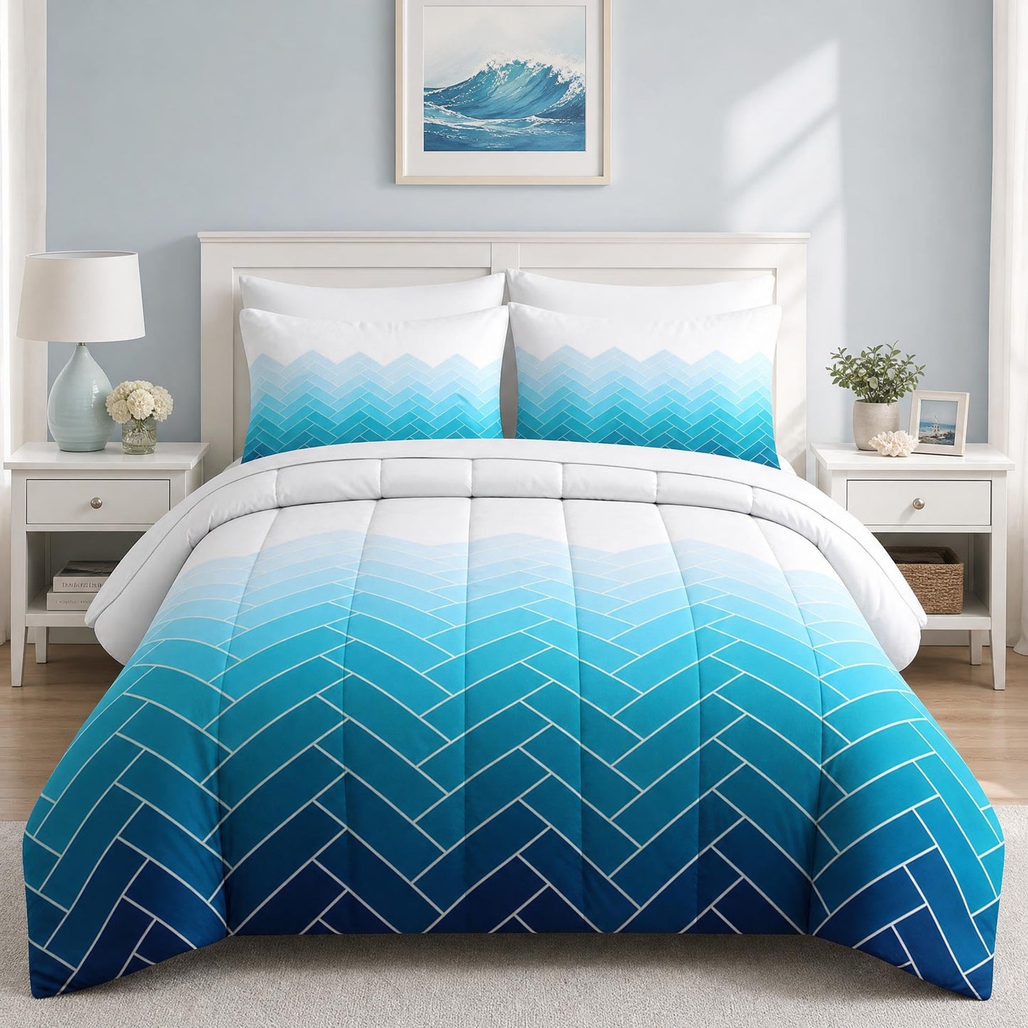 Boewywh Comforter Set Twin Size Geometric Blue Modern 7 Pcs, Bedding for Kids and Adults, Coastal Ocean Bed Sheet Sets with Fitted Sheet 2 Pillowcases & 2 Shams for Bedroom Bed Decor